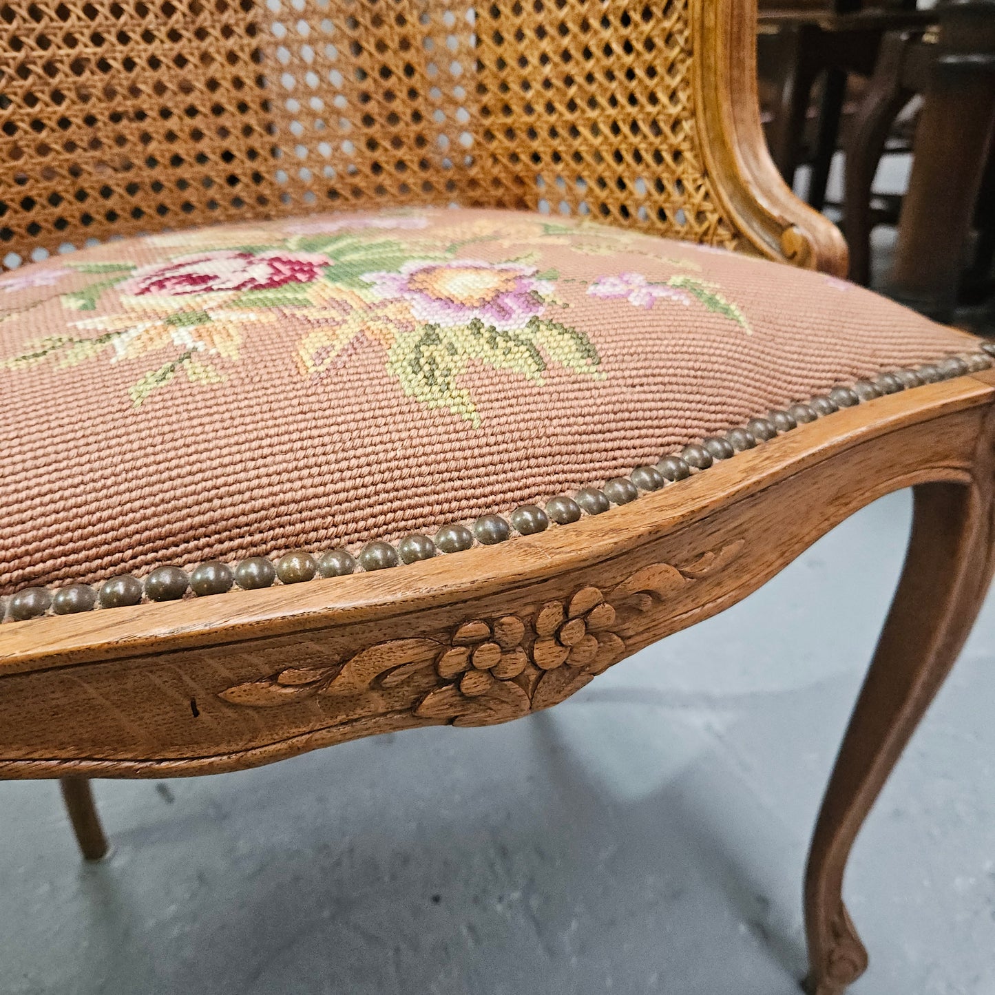 French Oak Louis XV Style Tapestry Upholstered Fauteuil