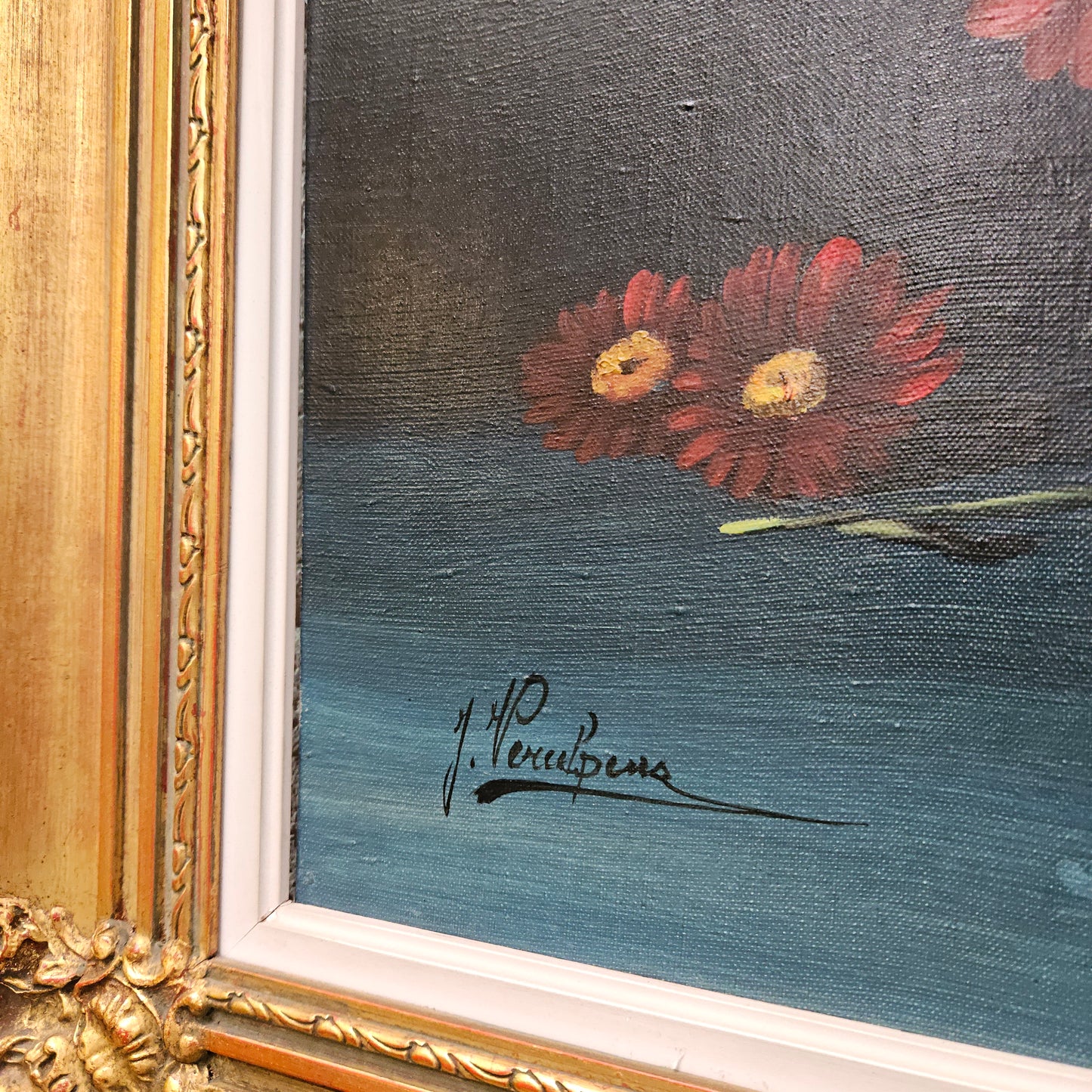 Sourced from France a vibrant signed oil on canvas floral still life in a stunning gilt frame. In good original detailed condition. Please see photos as they form part of the description and condition.