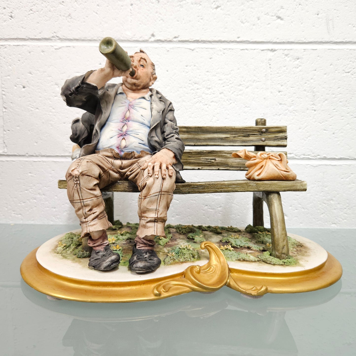 Vintage Capodimonte Tramp Sitting on Park Bench