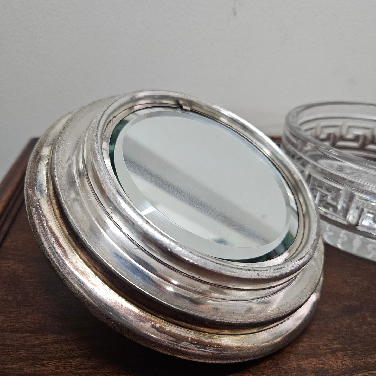Unusual Victorian Vanity Glass Container with "Greek Key Pattern to Base" with a Silver Lid & Internal Mirror