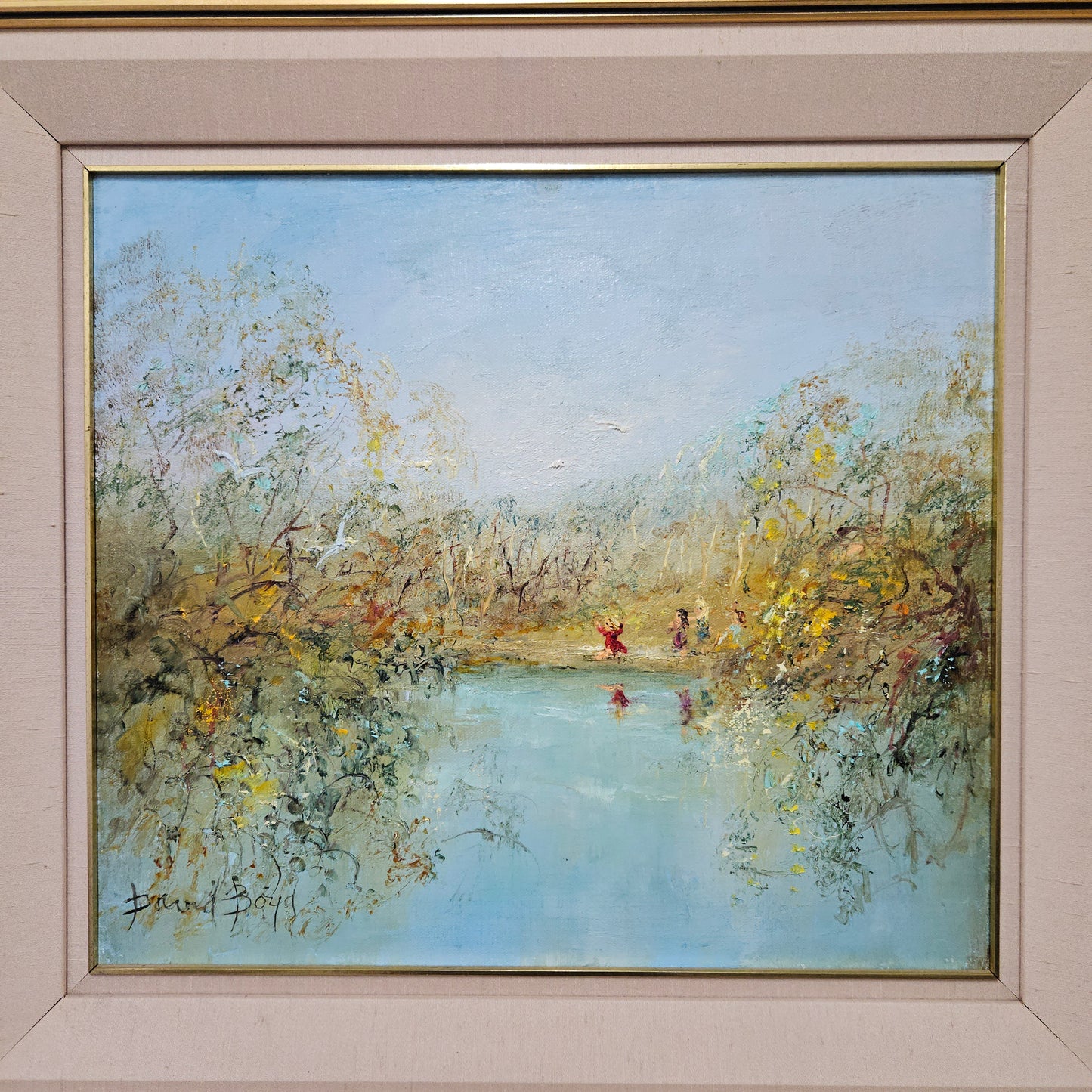 Vibrant David Boyd oil on canvas "Children playing by the River with Birds". In good original detailed condition. Height- 40 cm-Width- 45 cm-