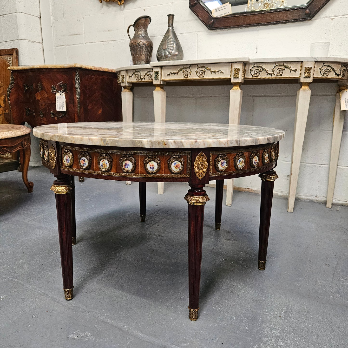 French Mahogany Louis XVI Style Limoges Marble Top Coffee Table