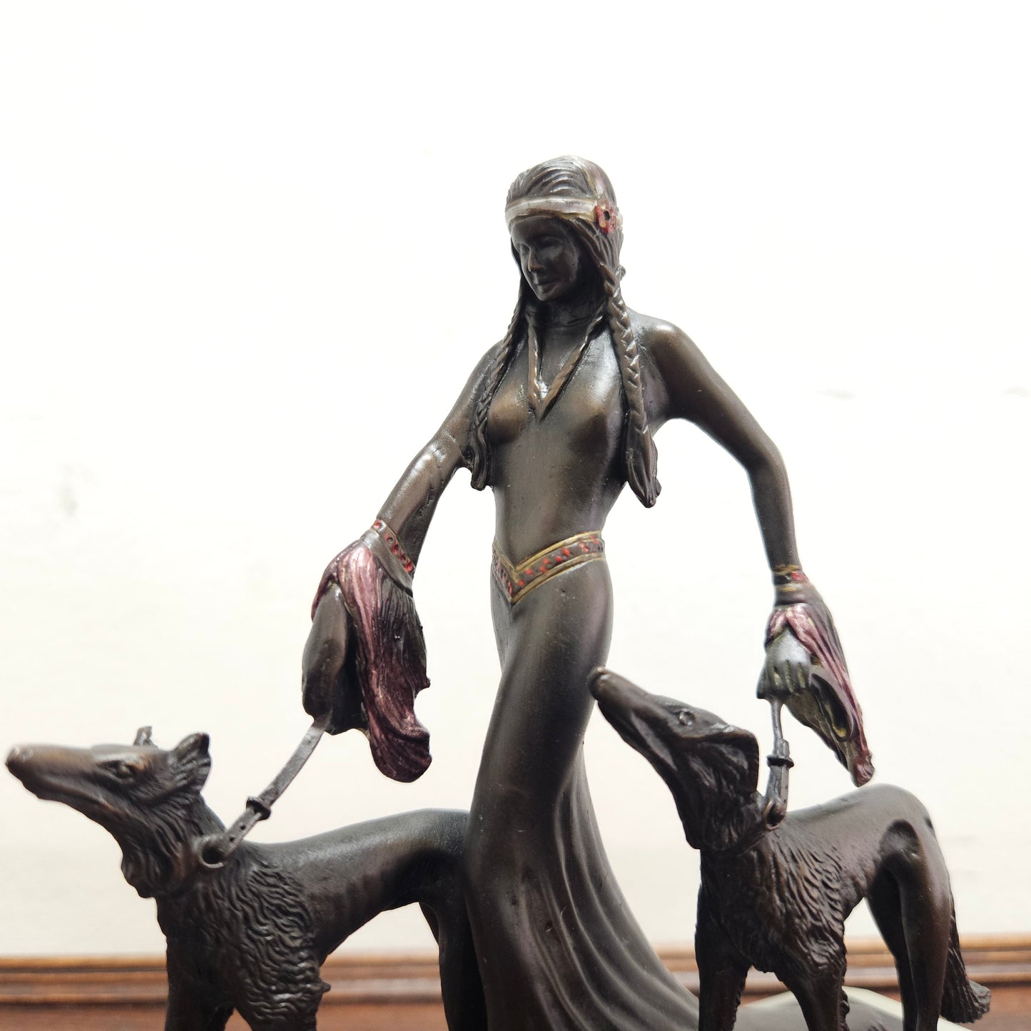 Small Art Deco Bronze Lady With 2 Borzoi Dogs