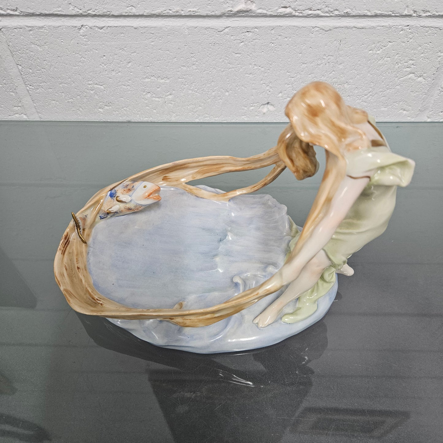 Rare PMP Dresden Plaue Schierholz Porzelain Art Nouveau Lady In Fish Pool