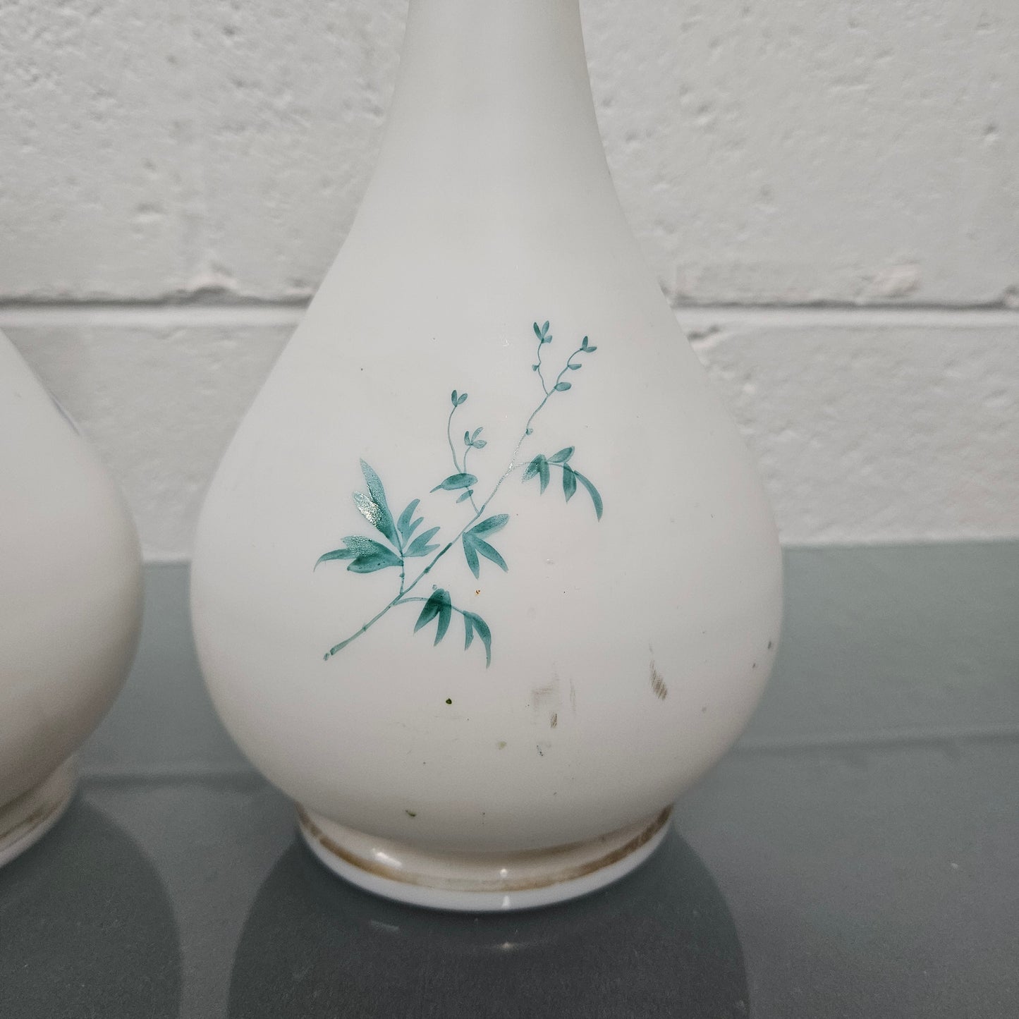 Pair Of Hand Painted Antique Milk Glass Vases Featuring Daffodils