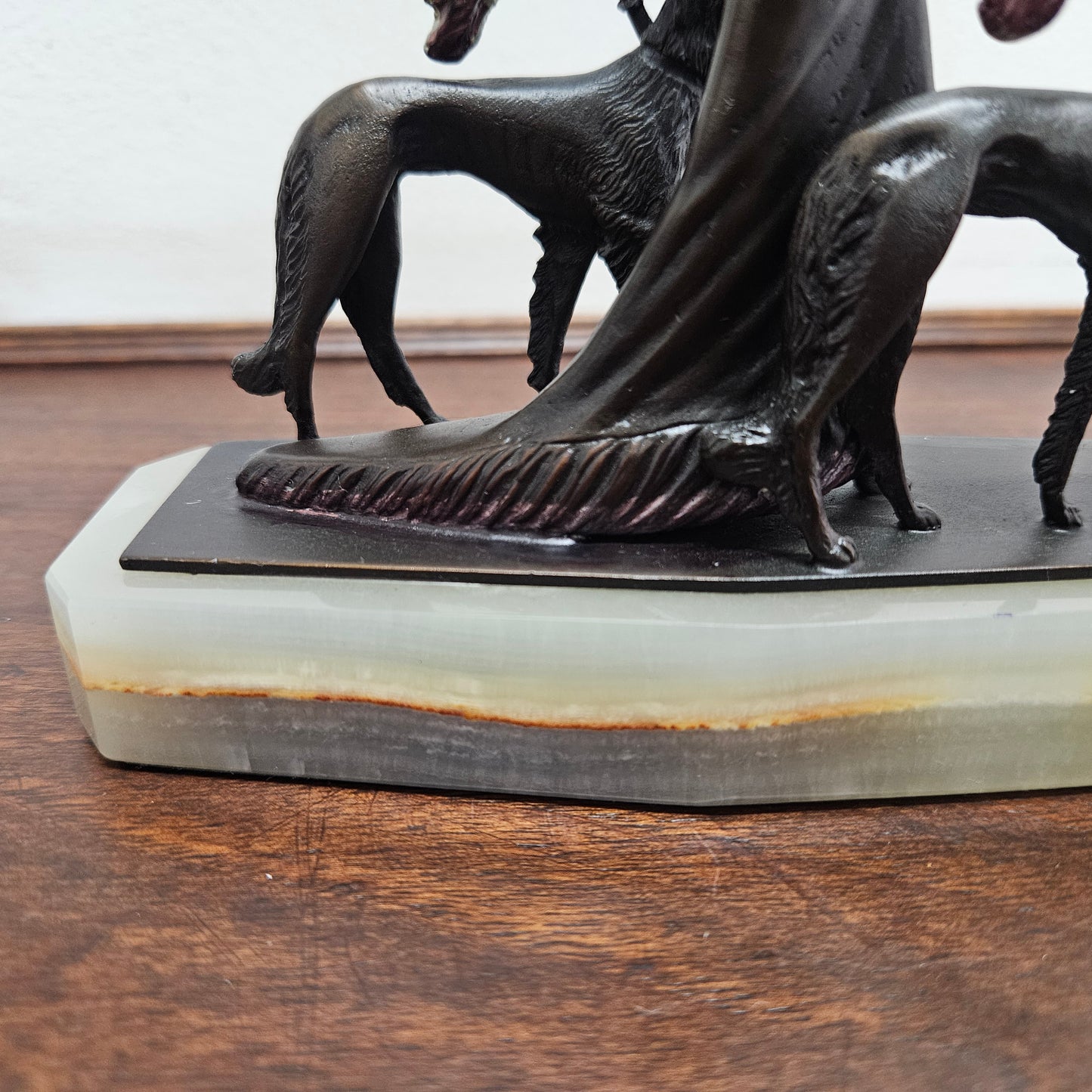 Small Art Deco Bronze Lady With 2 Borzoi Dogs