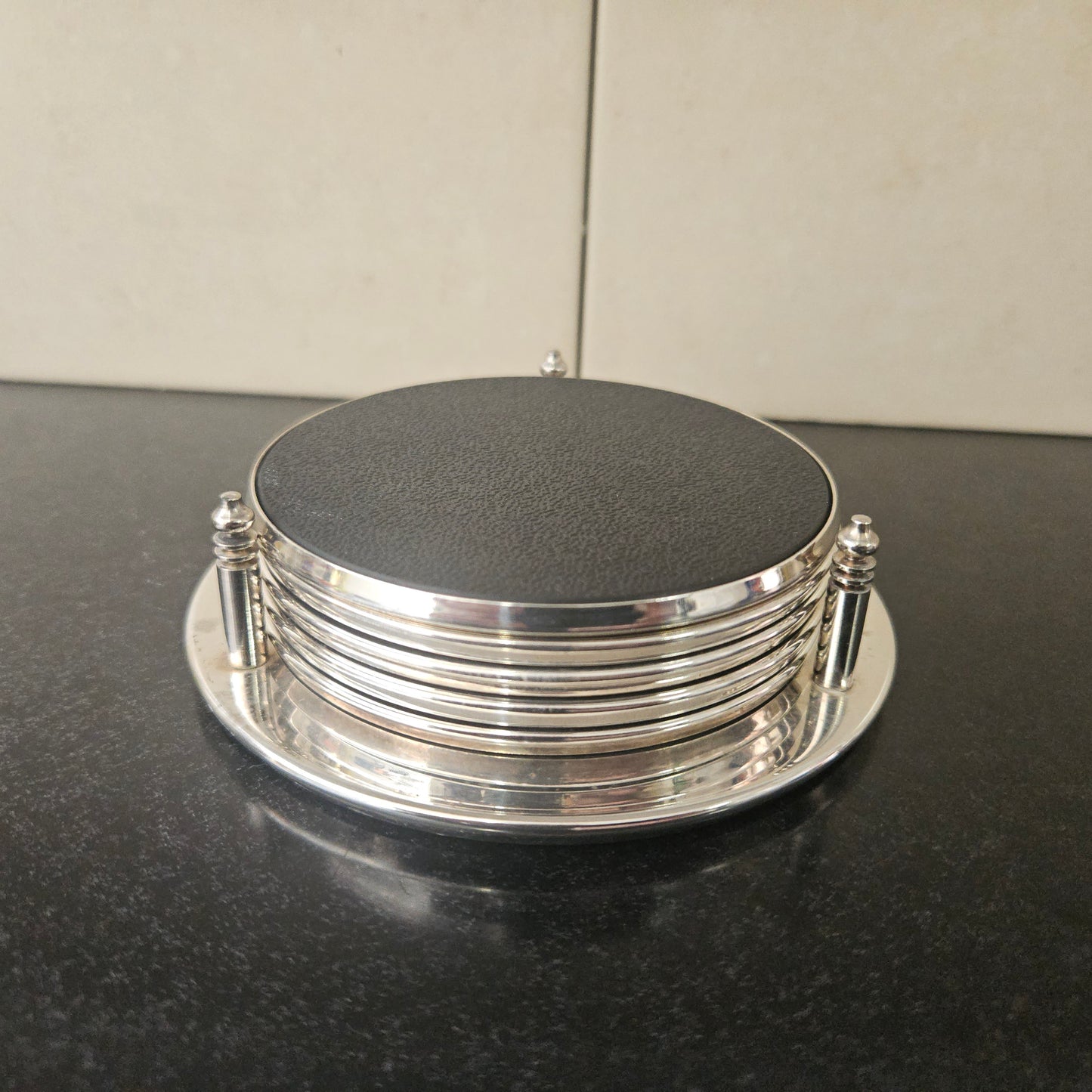 Set of Five Vintage Coasters and Holder
