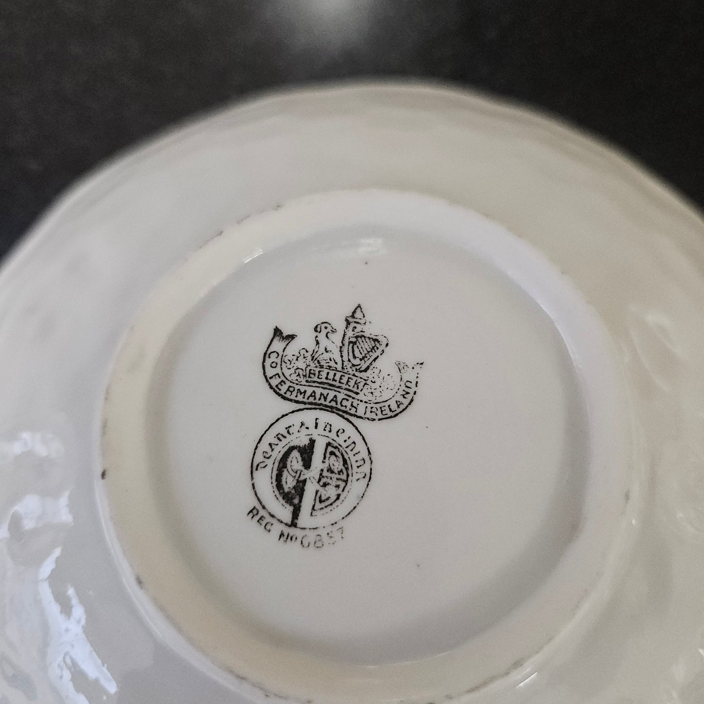 Belleek Shallow Dish With Shamrock Pattern.