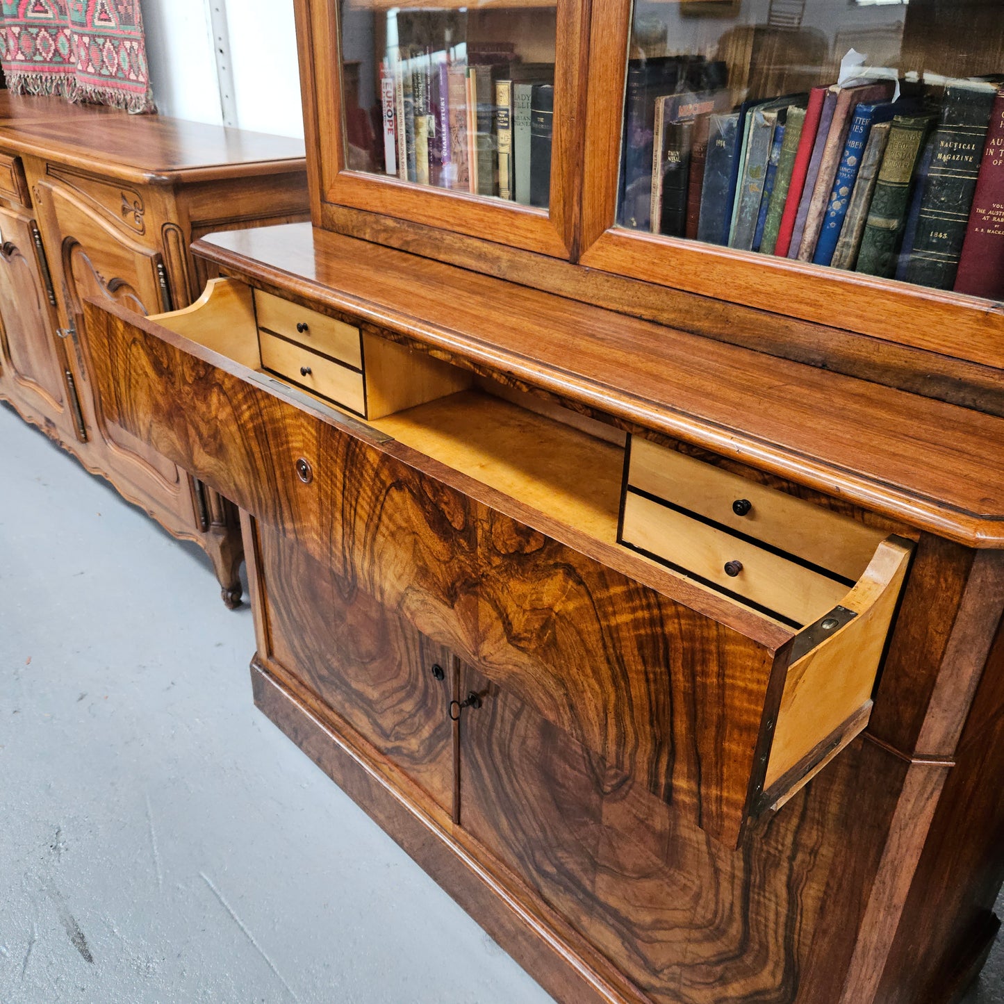 19th Century French Figured Walnut Two Door Bookcase Secretaire