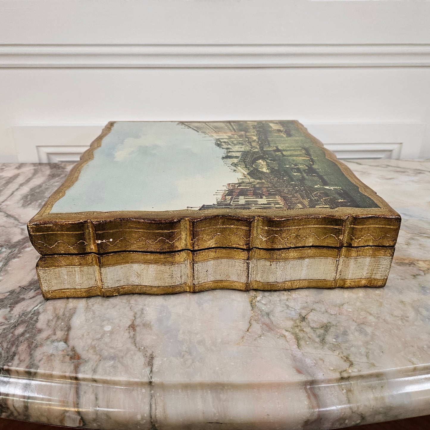 Florentine Gilded Wooden Box Displaying A Scene of Venice.