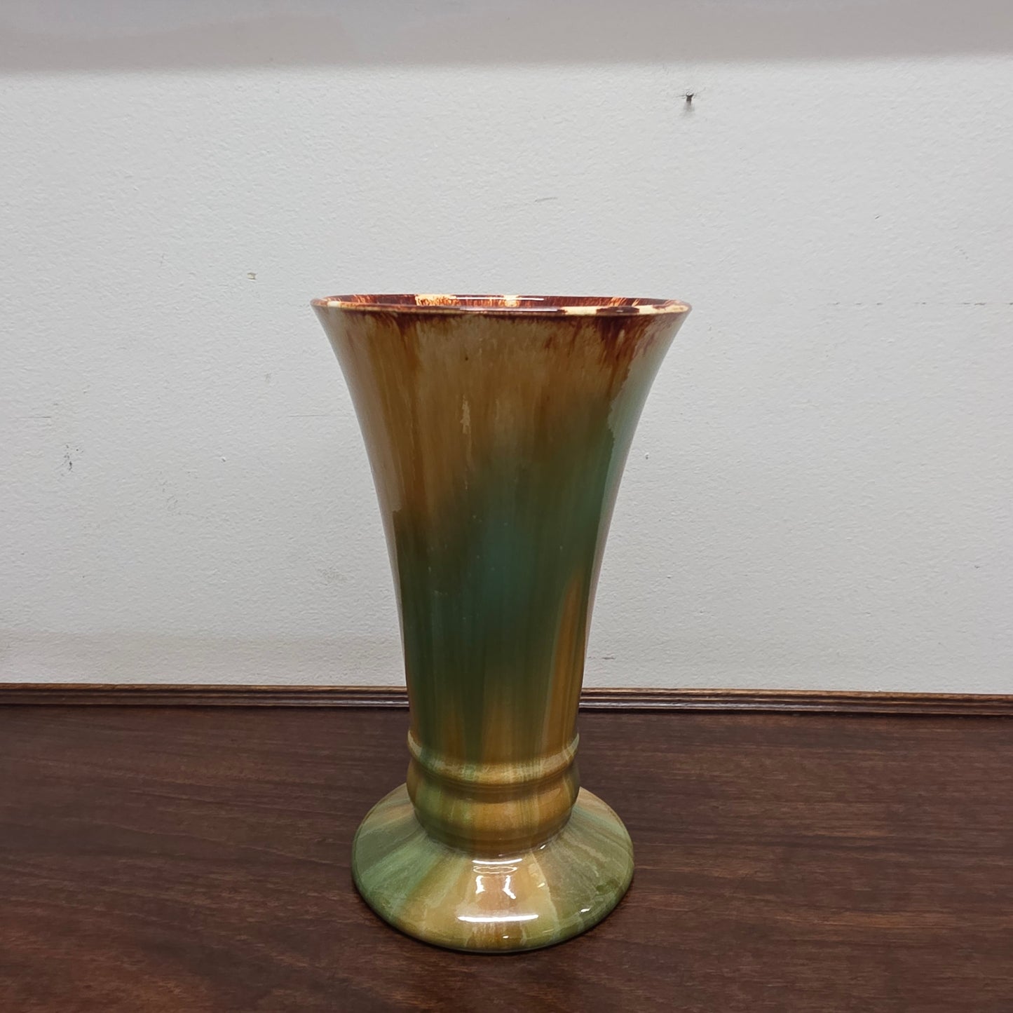 1930s Cornwell Brunswick Pottery Green & Brown Drip Glaze Vase