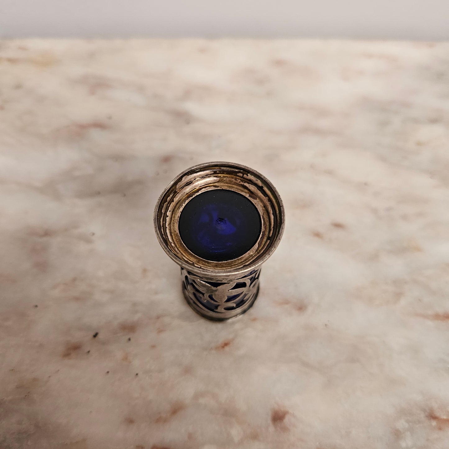 Edwardian Birmingham Silver & Bristol Blue Toothpick Holder