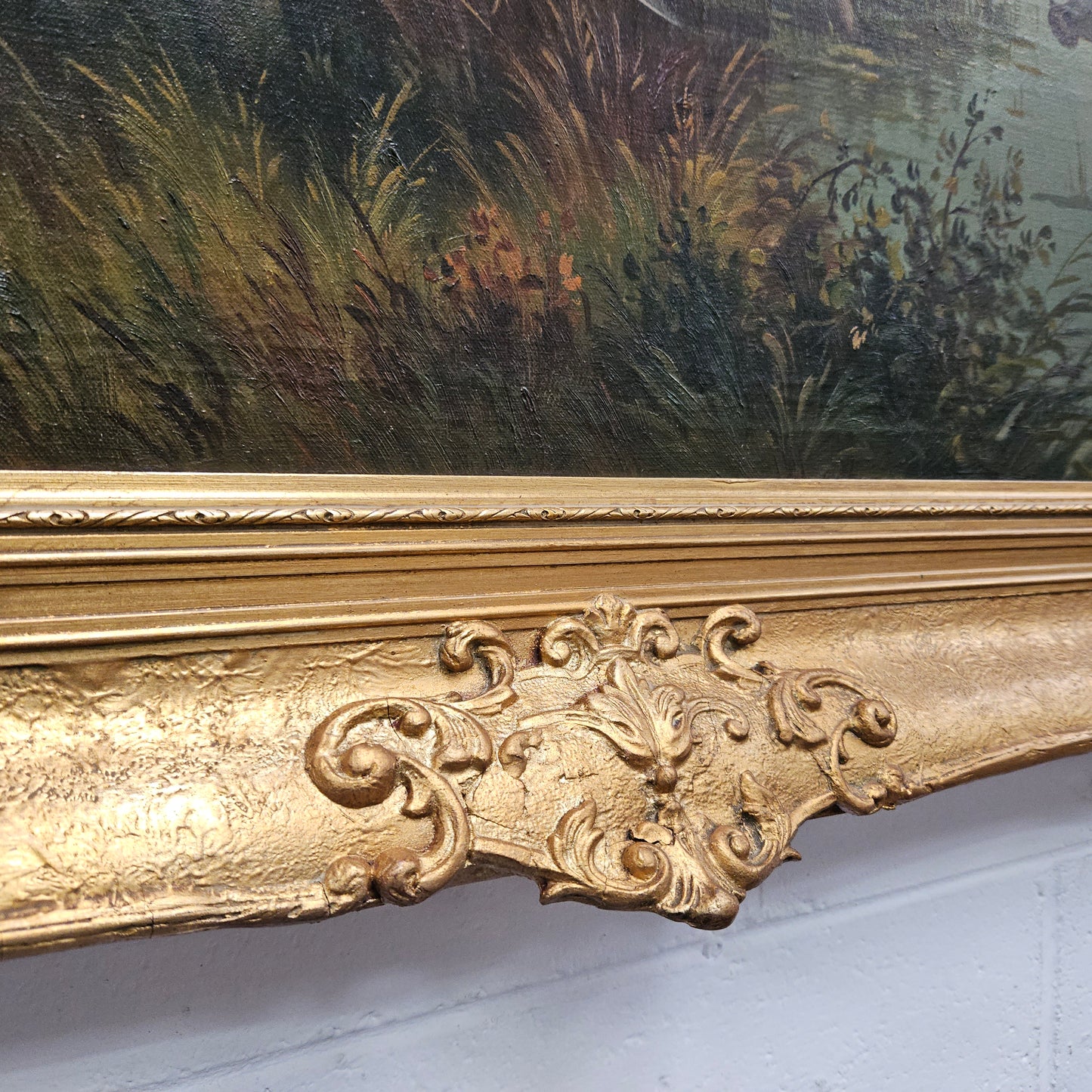 Sourced from France we have a beautiful signed oil on canvas "hunting scene" painting. In a decorative gilt frame and in good original condition. Please see photos as they form part of the description and condition.