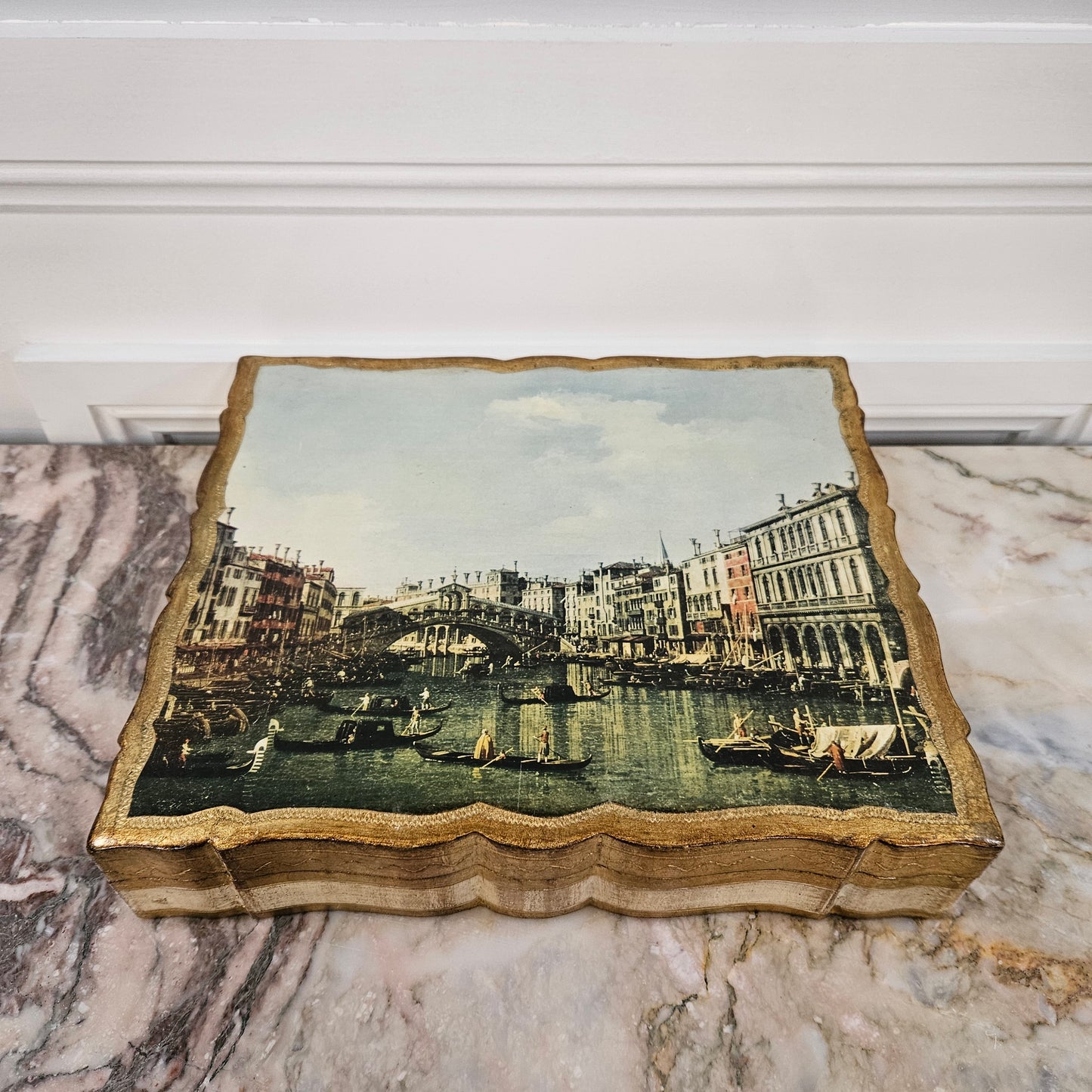 Florentine Gilded Wooden Box Displaying A Scene of Venice.