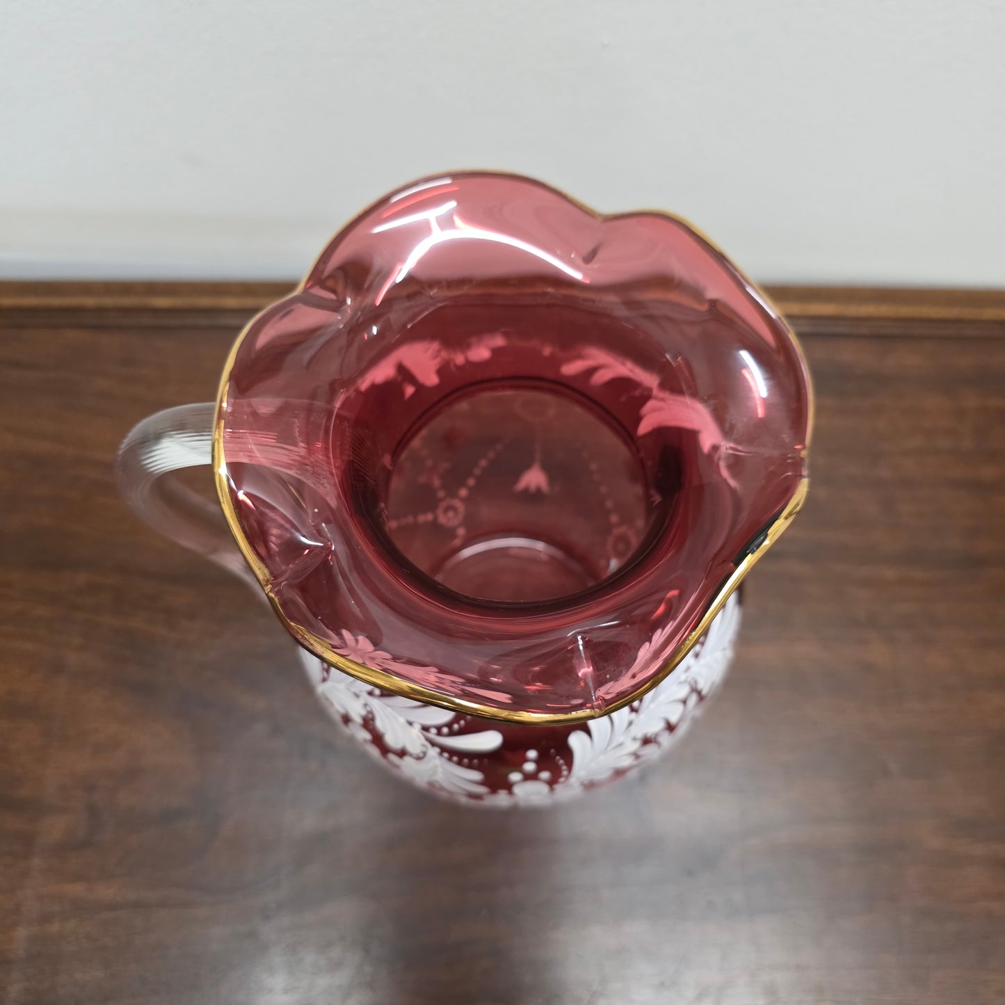 Vintage Ruby & Enamel Painted Glass Jug