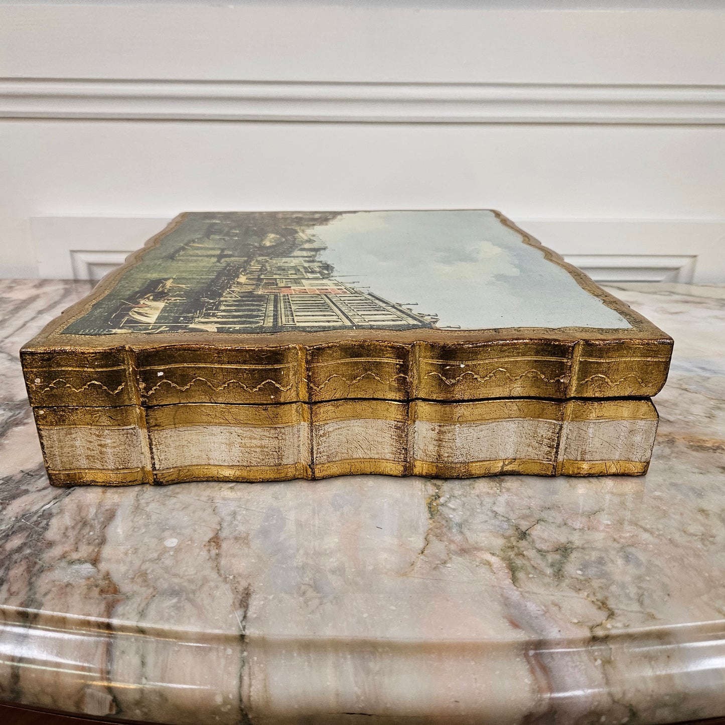 Florentine Gilded Wooden Box Displaying A Scene of Venice.