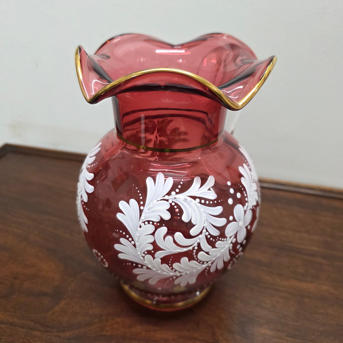 Vintage Ruby & Enamel Painted Glass Jug