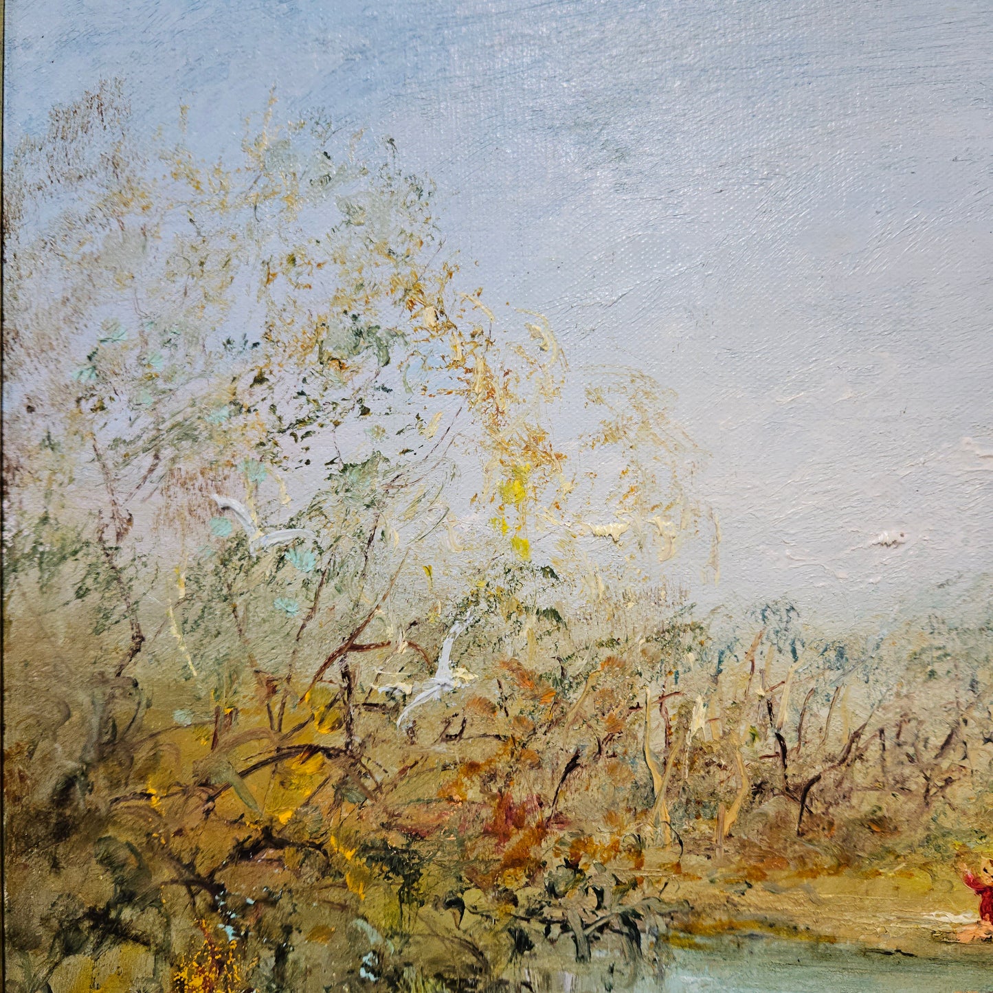 Vibrant David Boyd oil on canvas "Children playing by the River with Birds". In good original detailed condition. Height- 40 cm-Width- 45 cm-