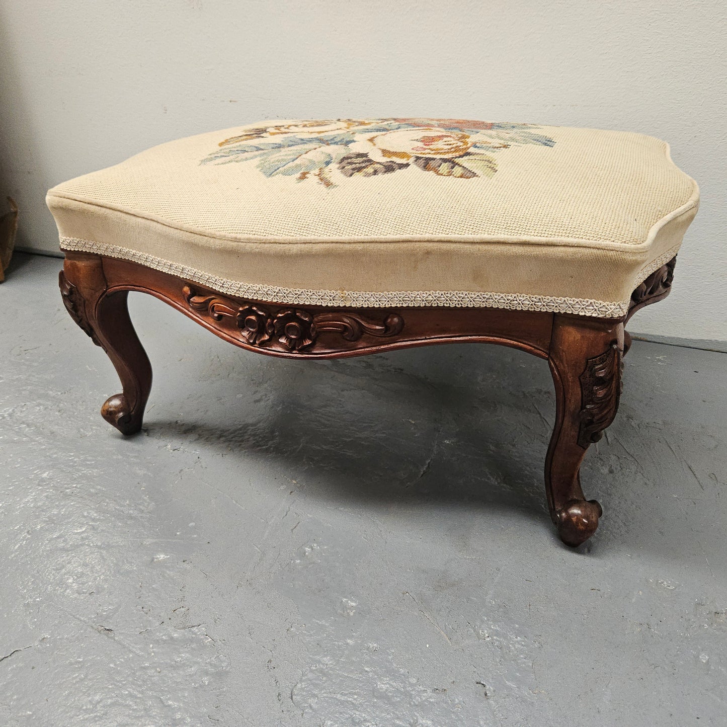 French Mahogany Louis XV Style Footstool With Floral Tapestry