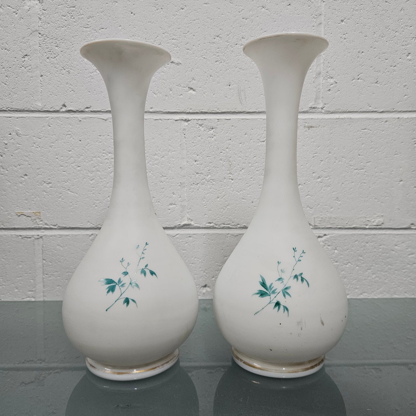 Pair Of Hand Painted Antique Milk Glass Vases Featuring Daffodils