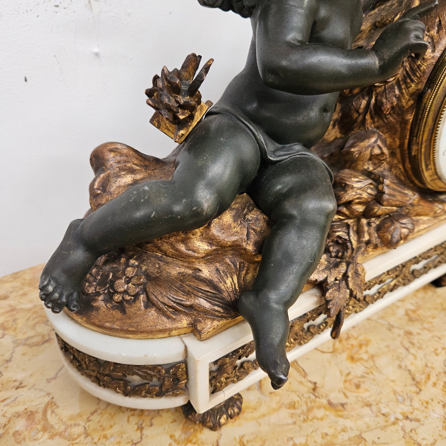 French Cherub Gilt & Marble Mantle Clock