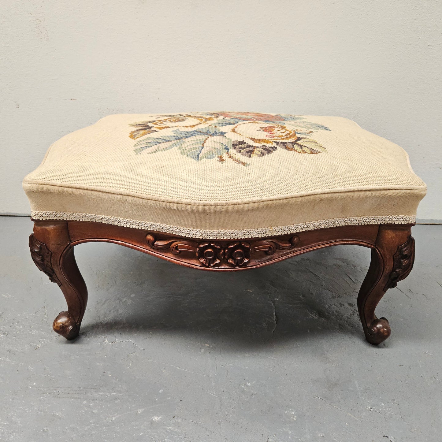 French Mahogany Louis XV Style Footstool With Floral Tapestry