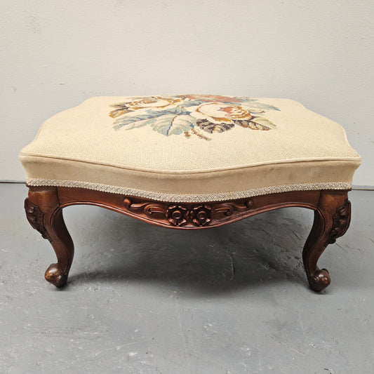 French Mahogany Louis XV Style Footstool With Floral Tapestry