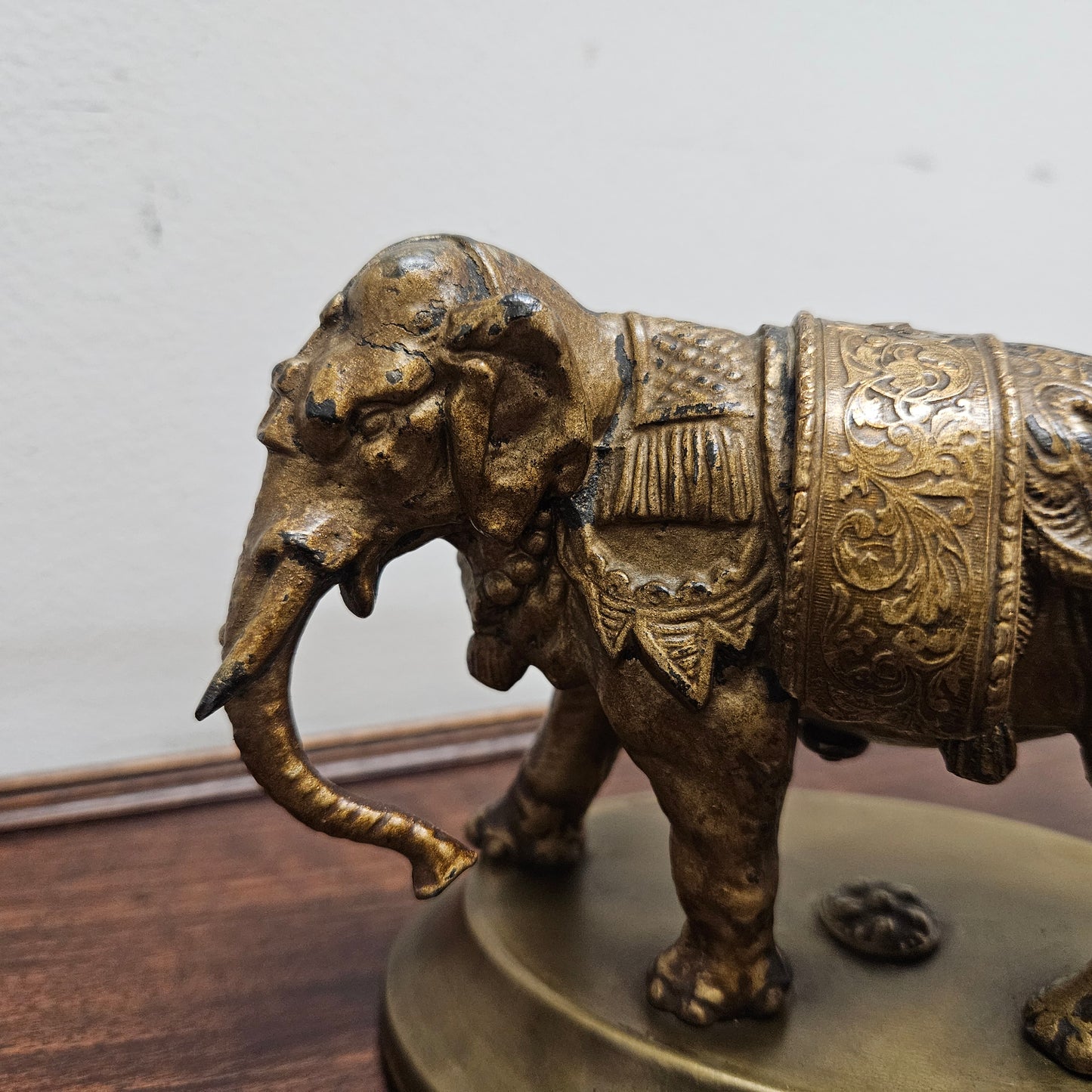 Antique Brass Detailed Elephant Statue On Stand