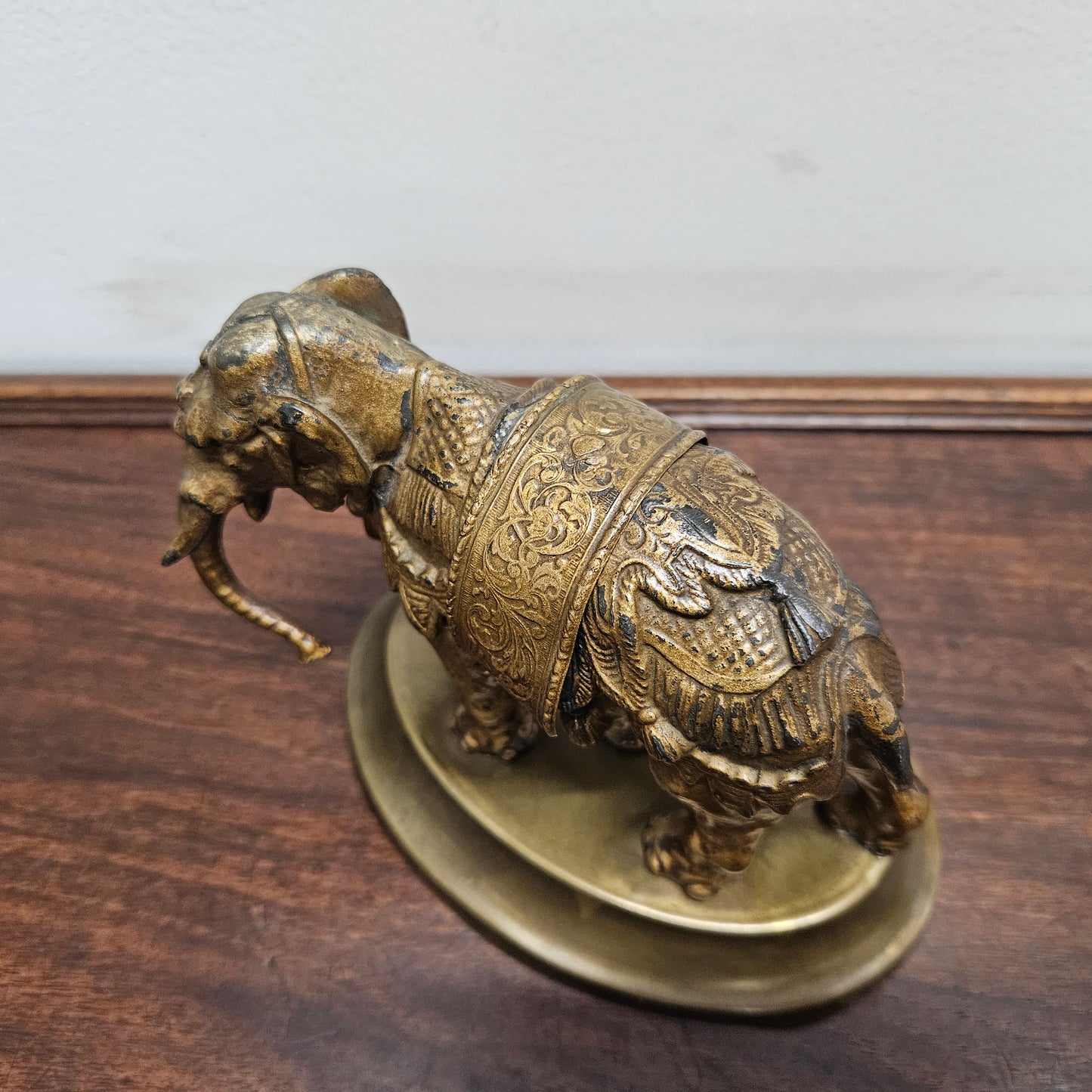 Antique Brass Detailed Elephant Statue On Stand