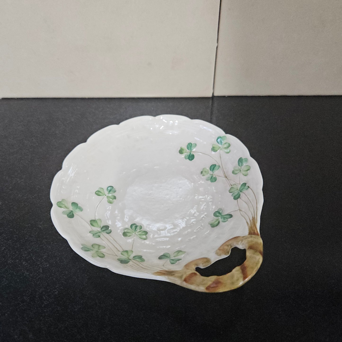 Belleek Shallow Dish With Shamrock Pattern.