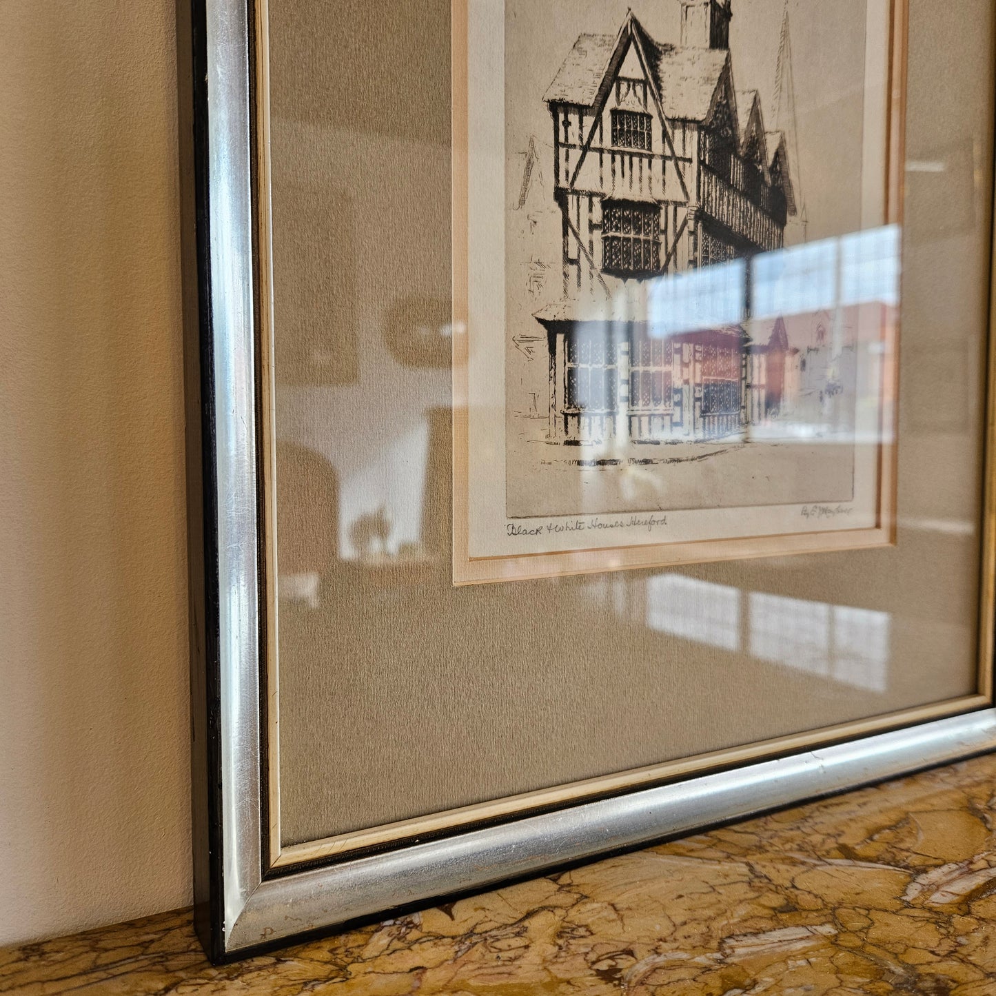 Framed Etching "Black and White Houses Hereford" by E Mayberry