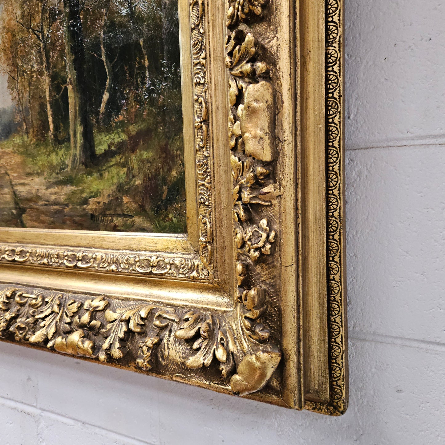 Signed oil on canvas "forest landscape with figures" in a highly ornate gilt frame. Sourced from France and in good original detailed condition. Please see photos as they form part of the description and condition.