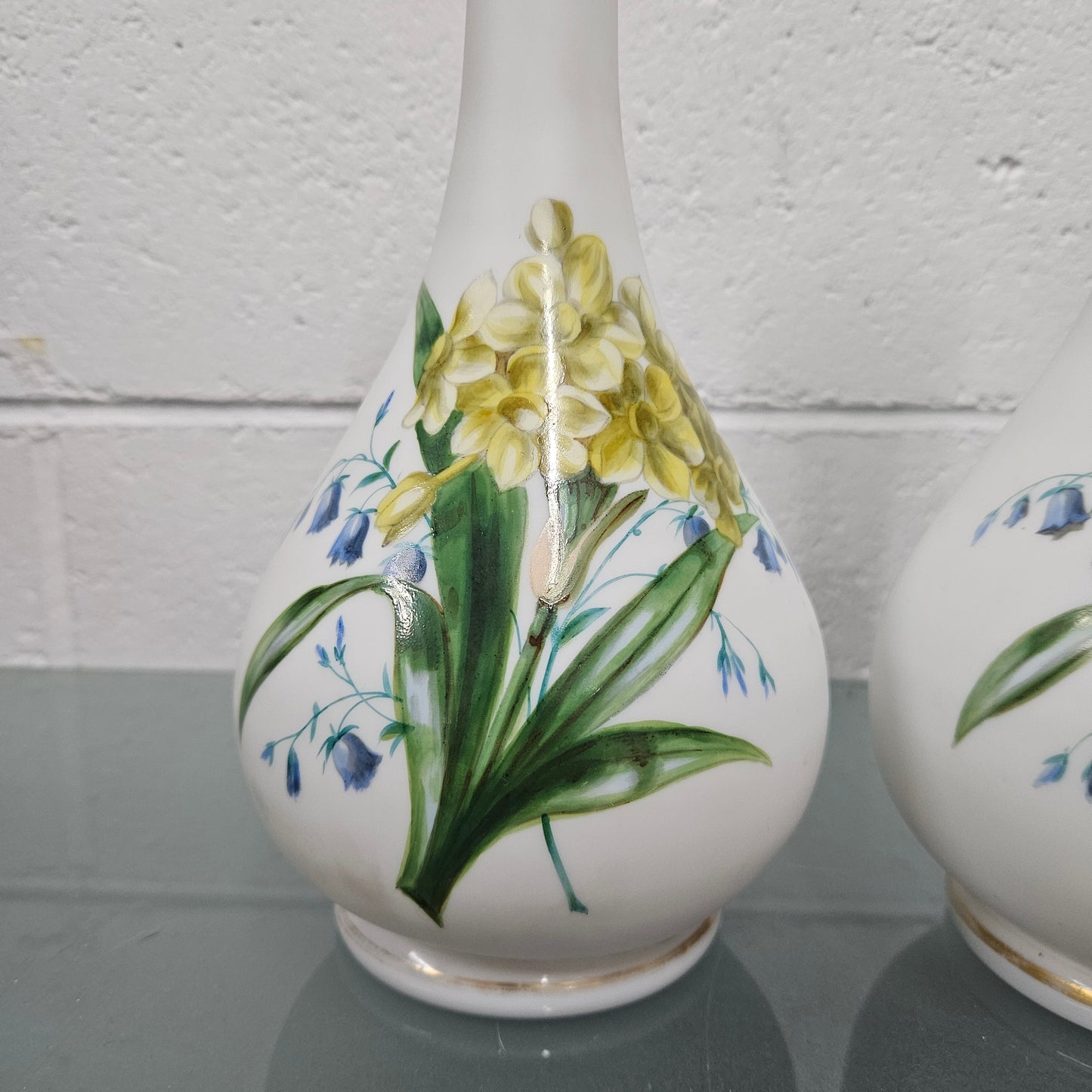 Pair Of Hand Painted Antique Milk Glass Vases Featuring Daffodils