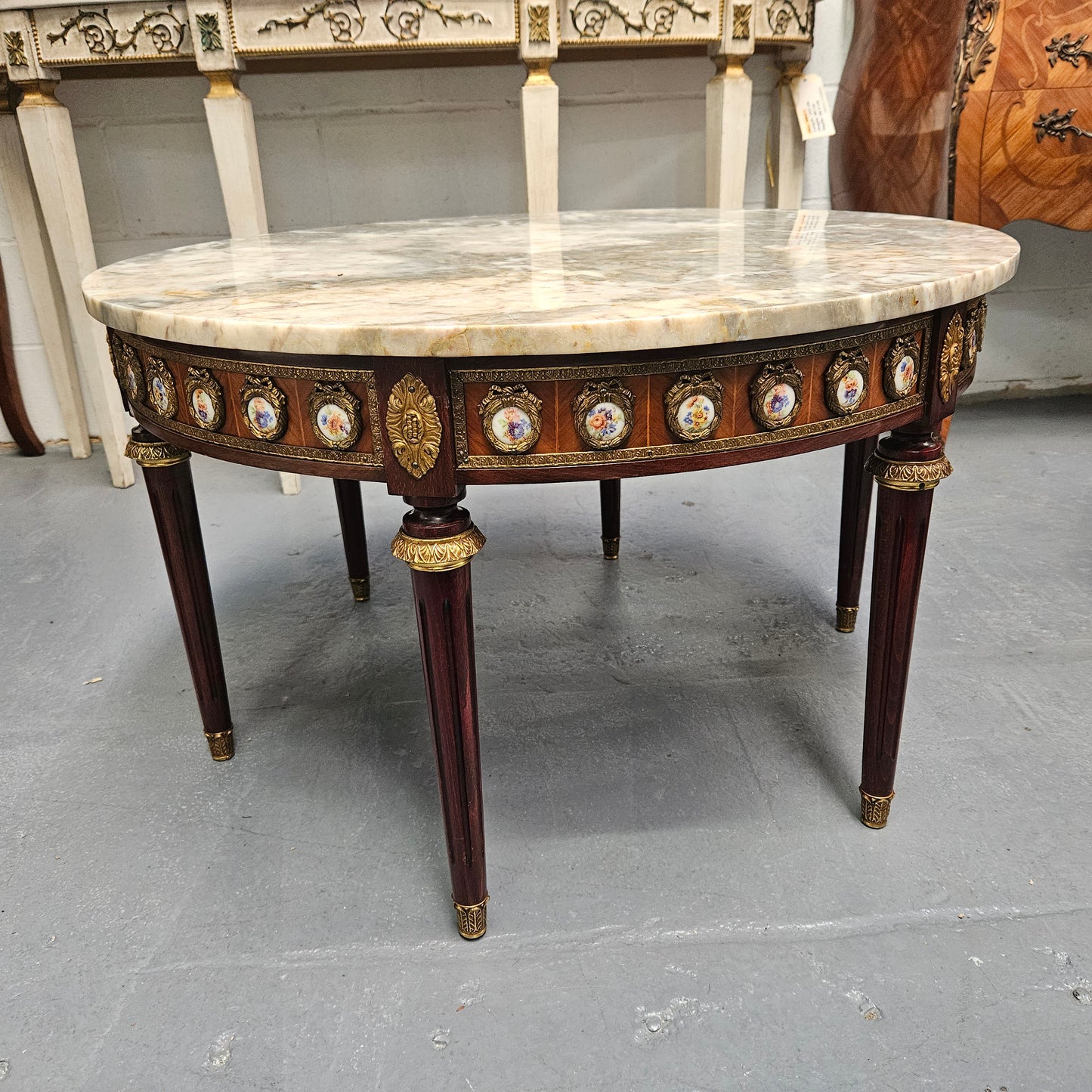 French Mahogany Louis XVI Style Limoges Marble Top Coffee Table