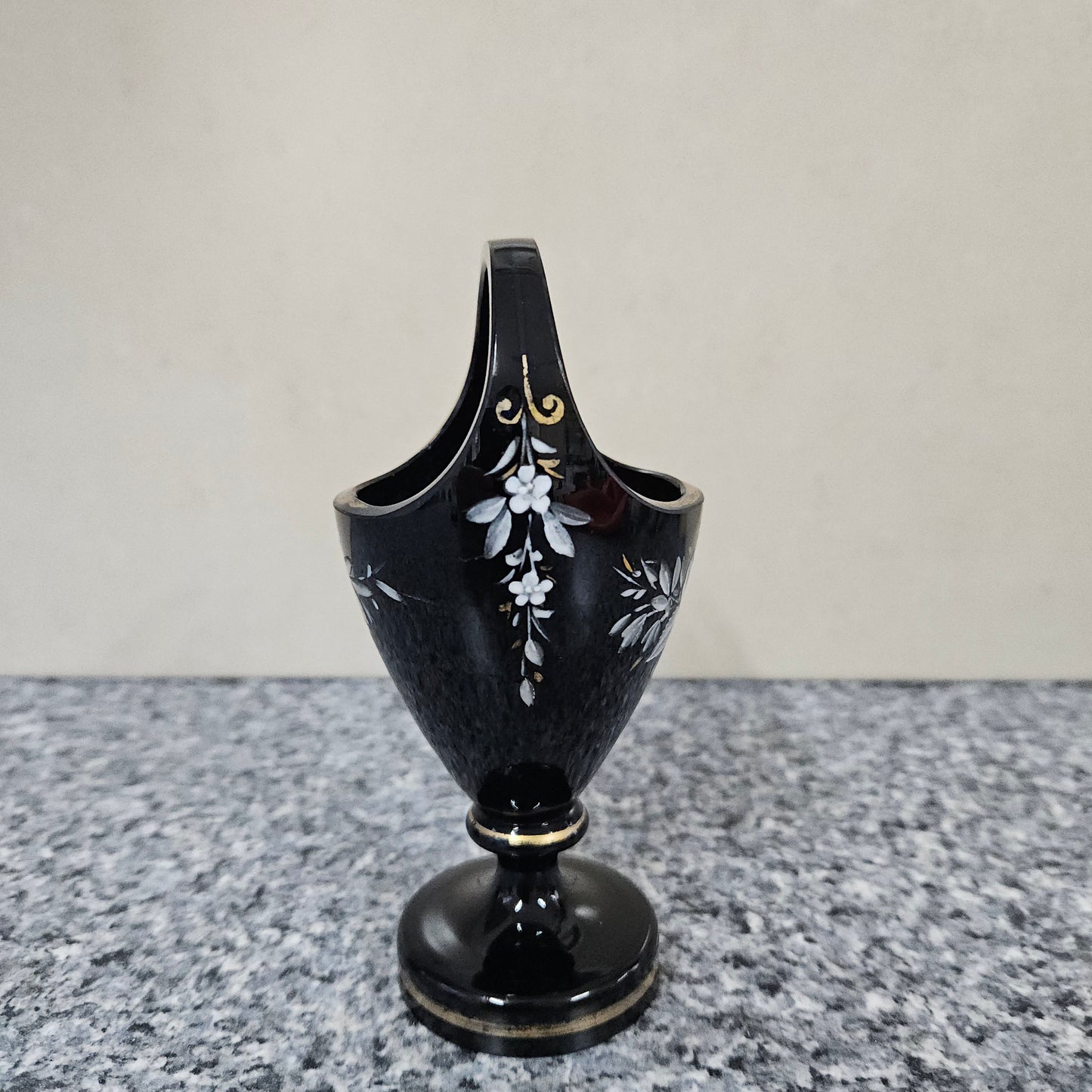 Victorian Enamel Black Glass Basket Vase