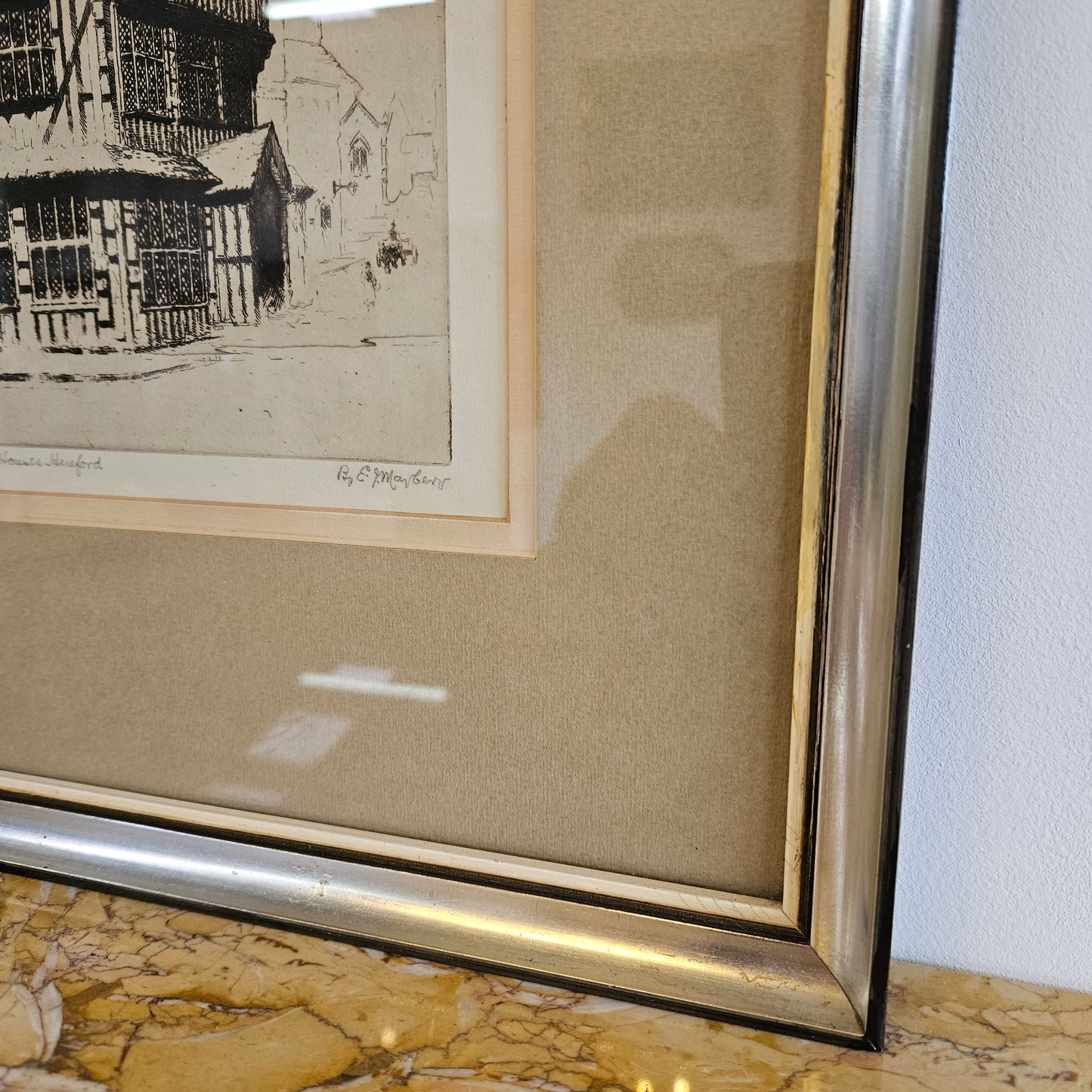 Framed Etching "Black and White Houses Hereford" by E Mayberry