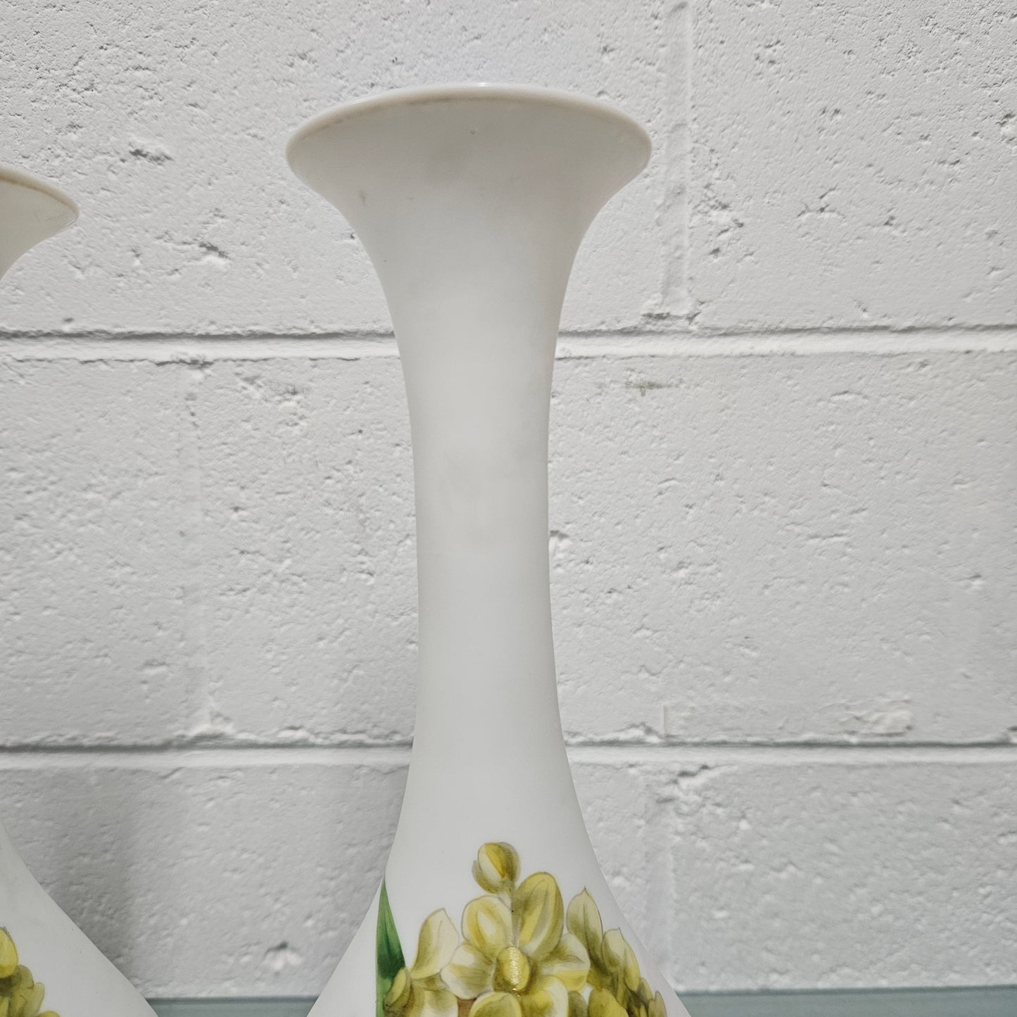 Pair Of Hand Painted Antique Milk Glass Vases Featuring Daffodils