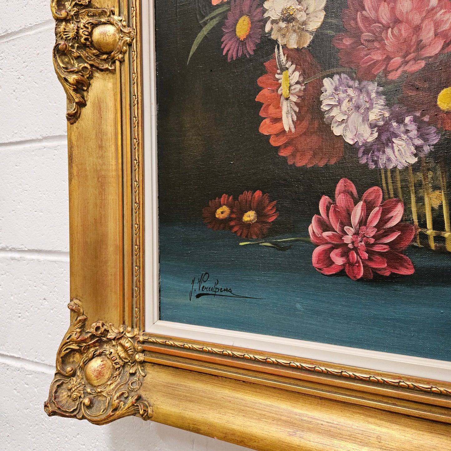 Sourced from France a vibrant signed oil on canvas floral still life in a stunning gilt frame. In good original detailed condition. Please see photos as they form part of the description and condition.