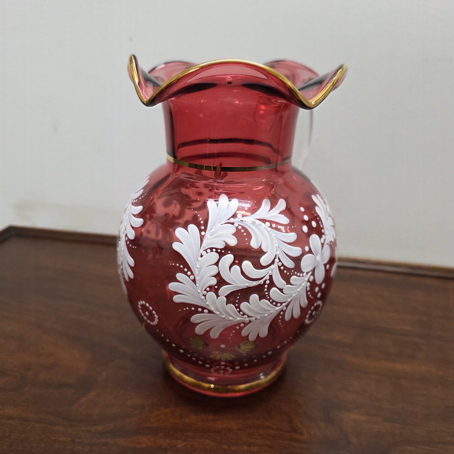 Vintage Ruby & Enamel Painted Glass Jug