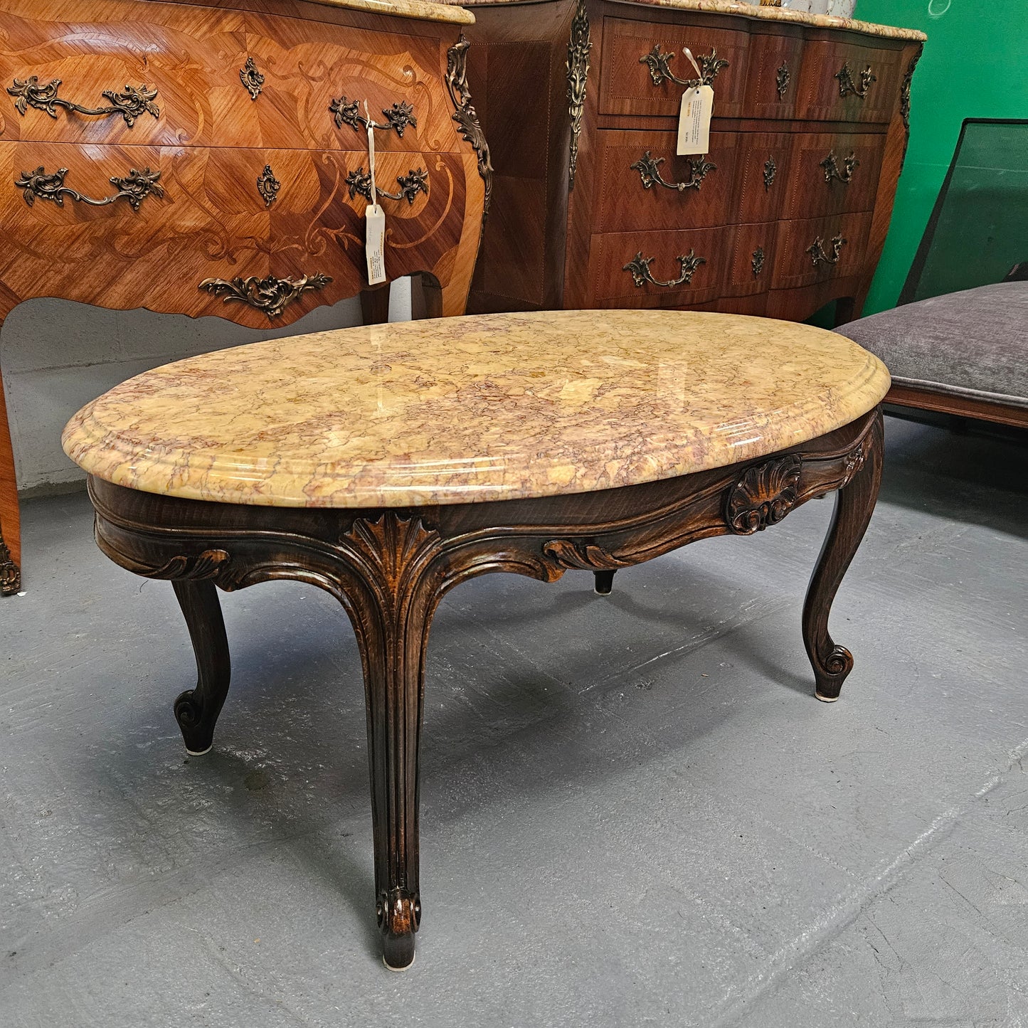 French Oak Louis XV Style Marble Top Coffee Table