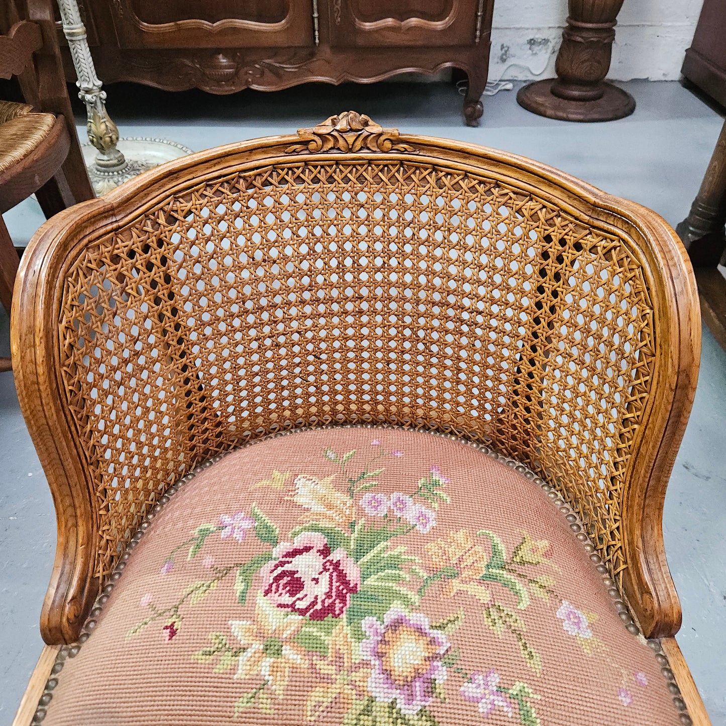 French Oak Louis XV Style Tapestry Upholstered Fauteuil