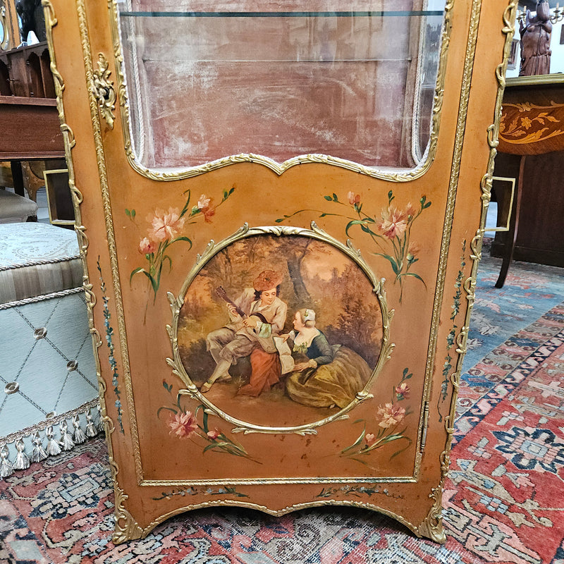 Stunning Rare 19th Century French Salon style vitrine/display cabinet. It has beautifully hand-painted panels and decoration all over with the original two glass shelves inside. It is circa 1900. In very good restored condition.
