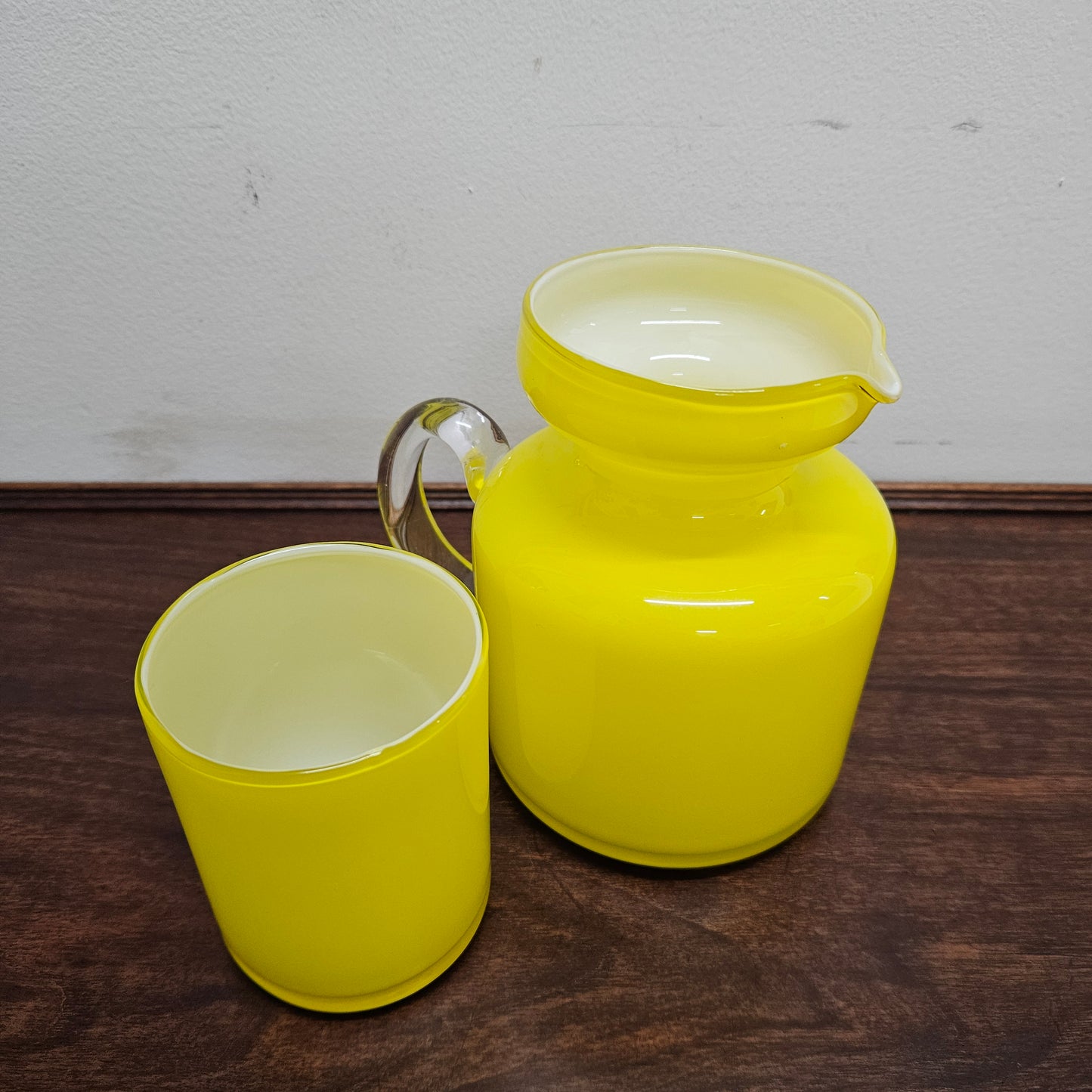 Vintage Yellow Blown Glass Jug and Glass Cup