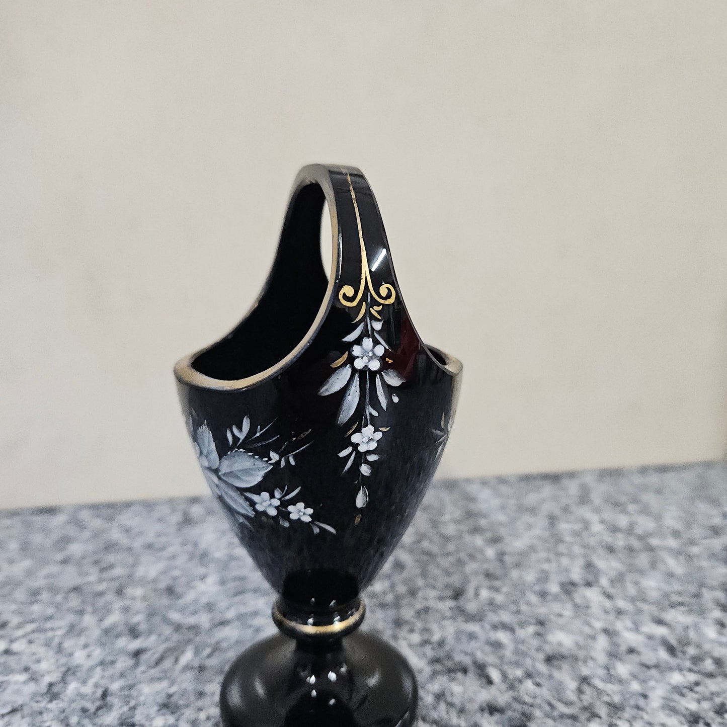 Victorian Enamel Black Glass Basket Vase