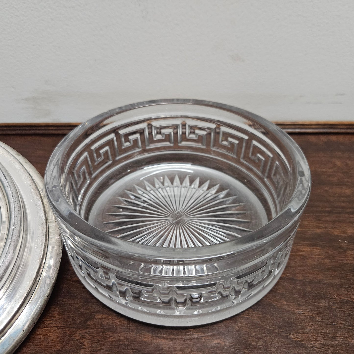 Unusual Victorian Vanity Glass Container with "Greek Key Pattern to Base" with a Silver Lid & Internal Mirror
