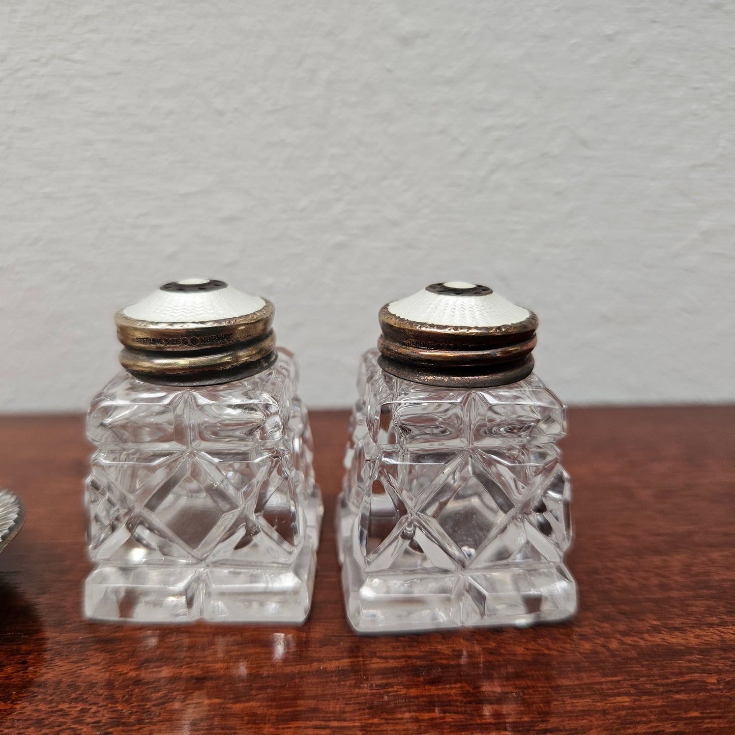 David Andersen Norway Crystal Sterling Silver Enamel Salt & Pepper Shakers On Tray
