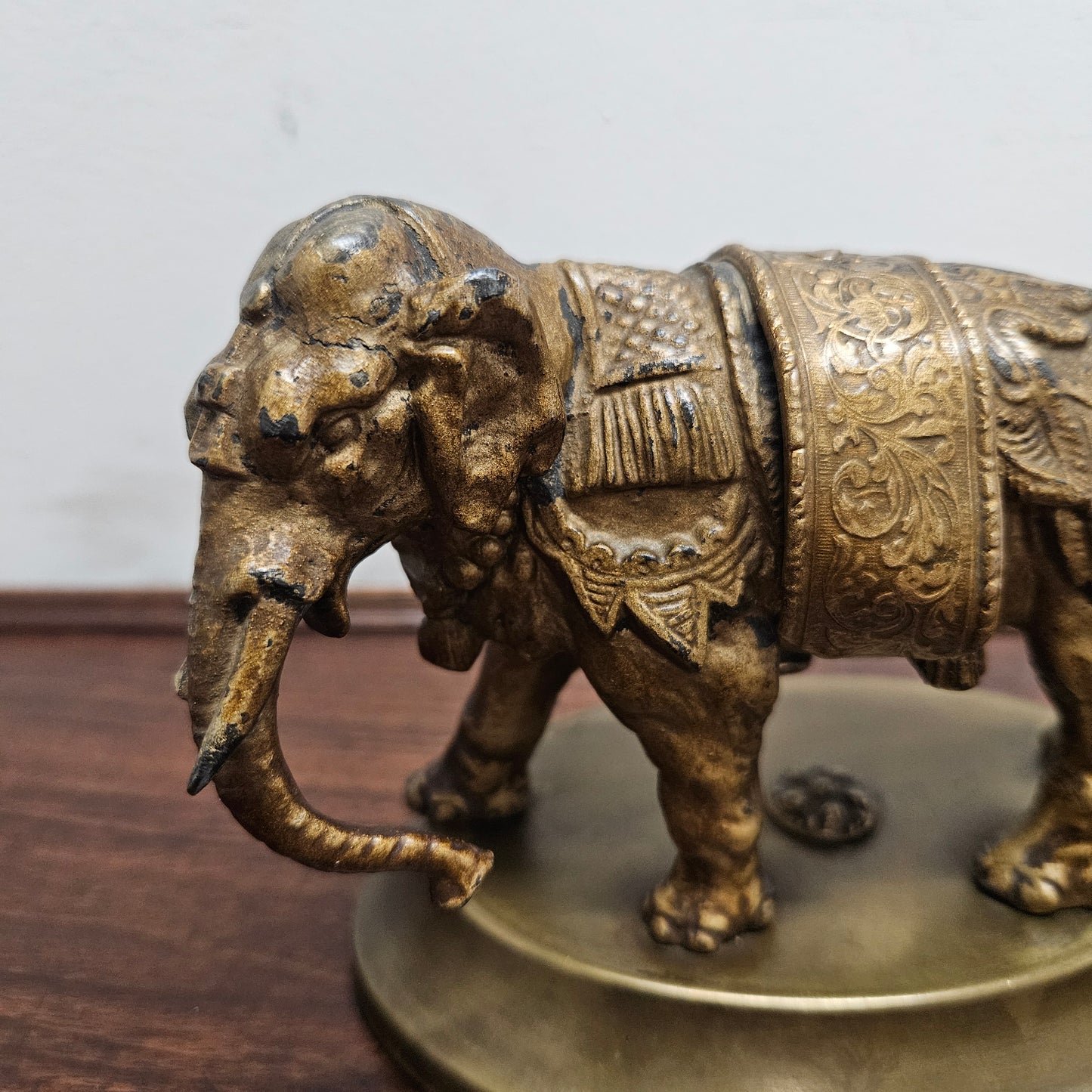 Antique Brass Detailed Elephant Statue On Stand