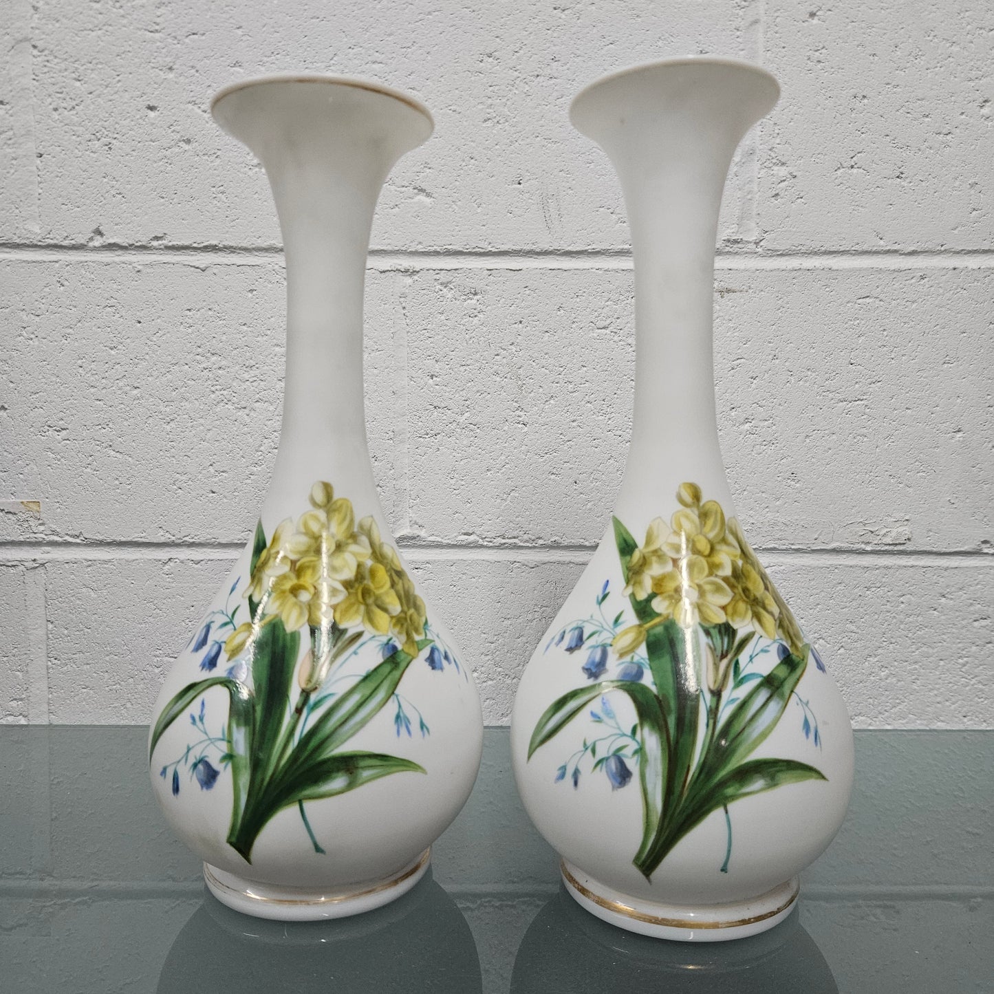 Pair Of Hand Painted Antique Milk Glass Vases Featuring Daffodils
