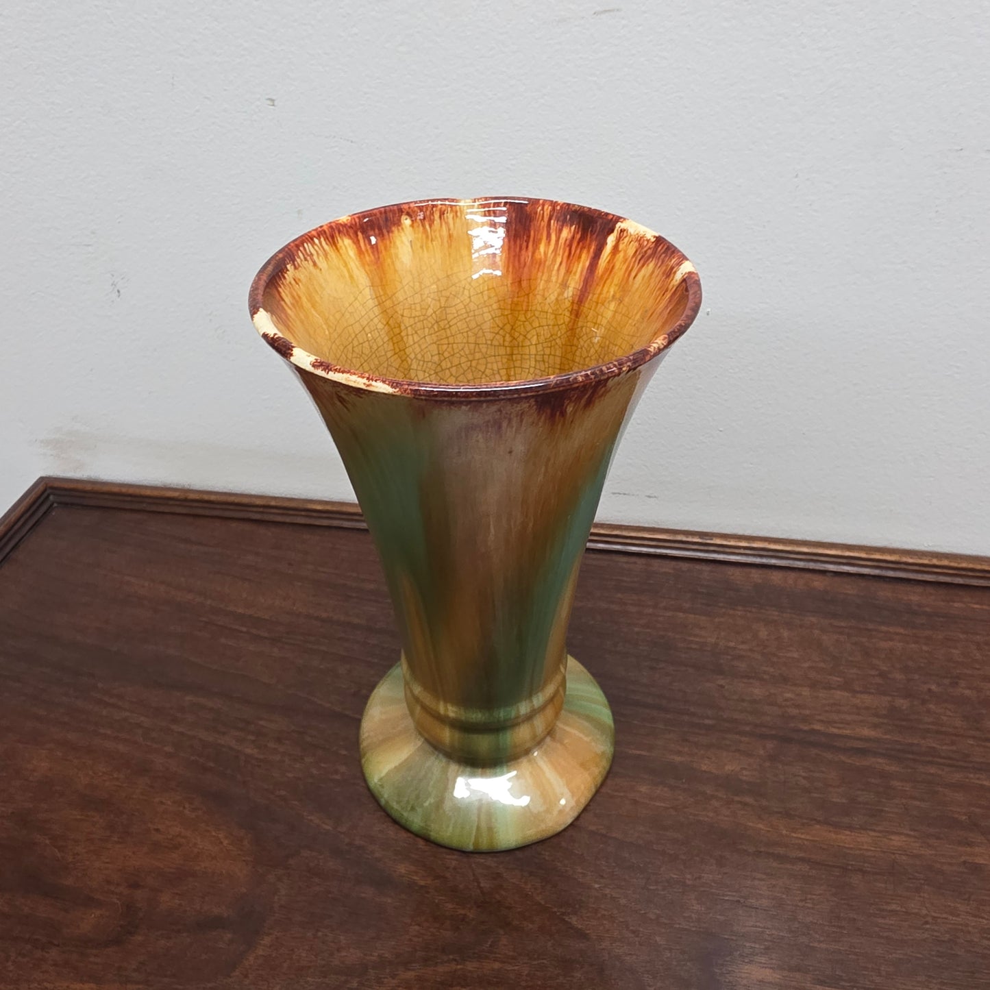 1930s Cornwell Brunswick Pottery Green & Brown Drip Glaze Vase