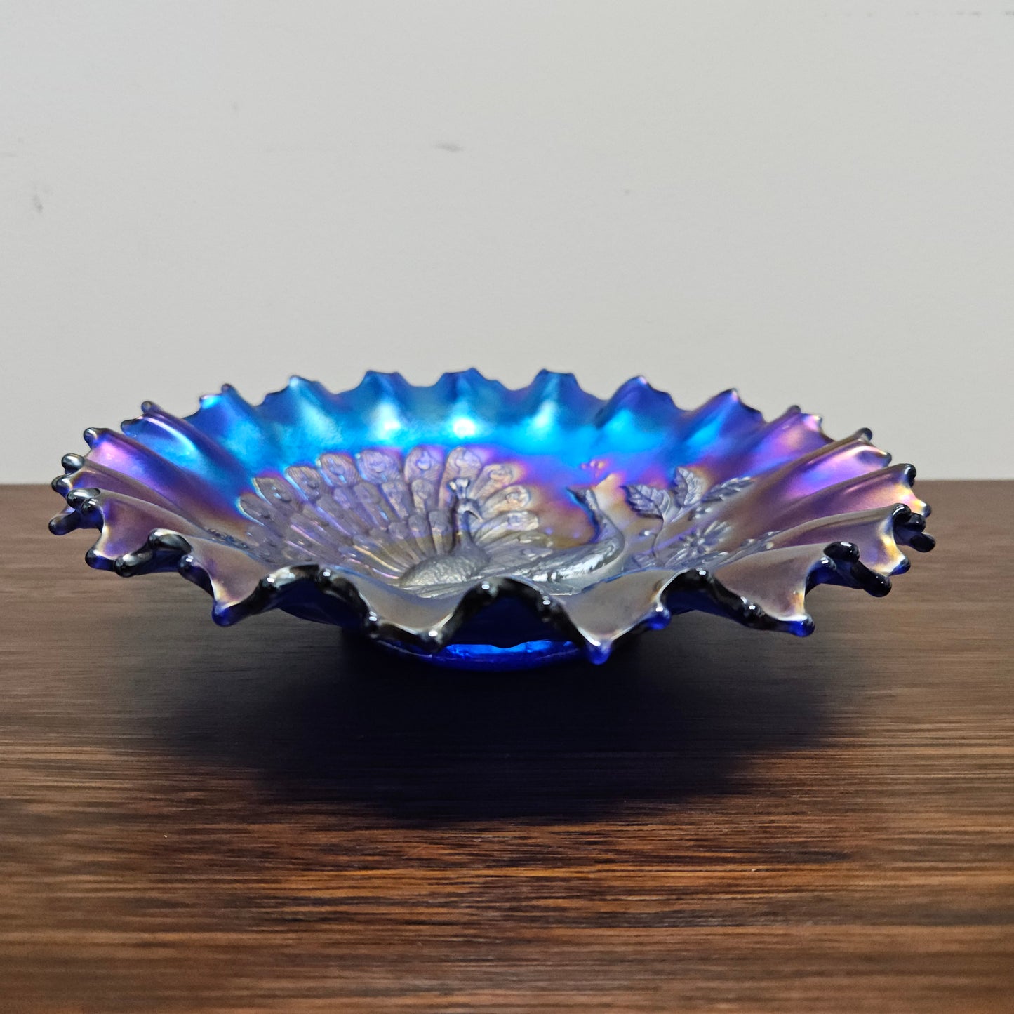 Superb Electric Blue Carnival Glass Bowl Northwood Peacocks